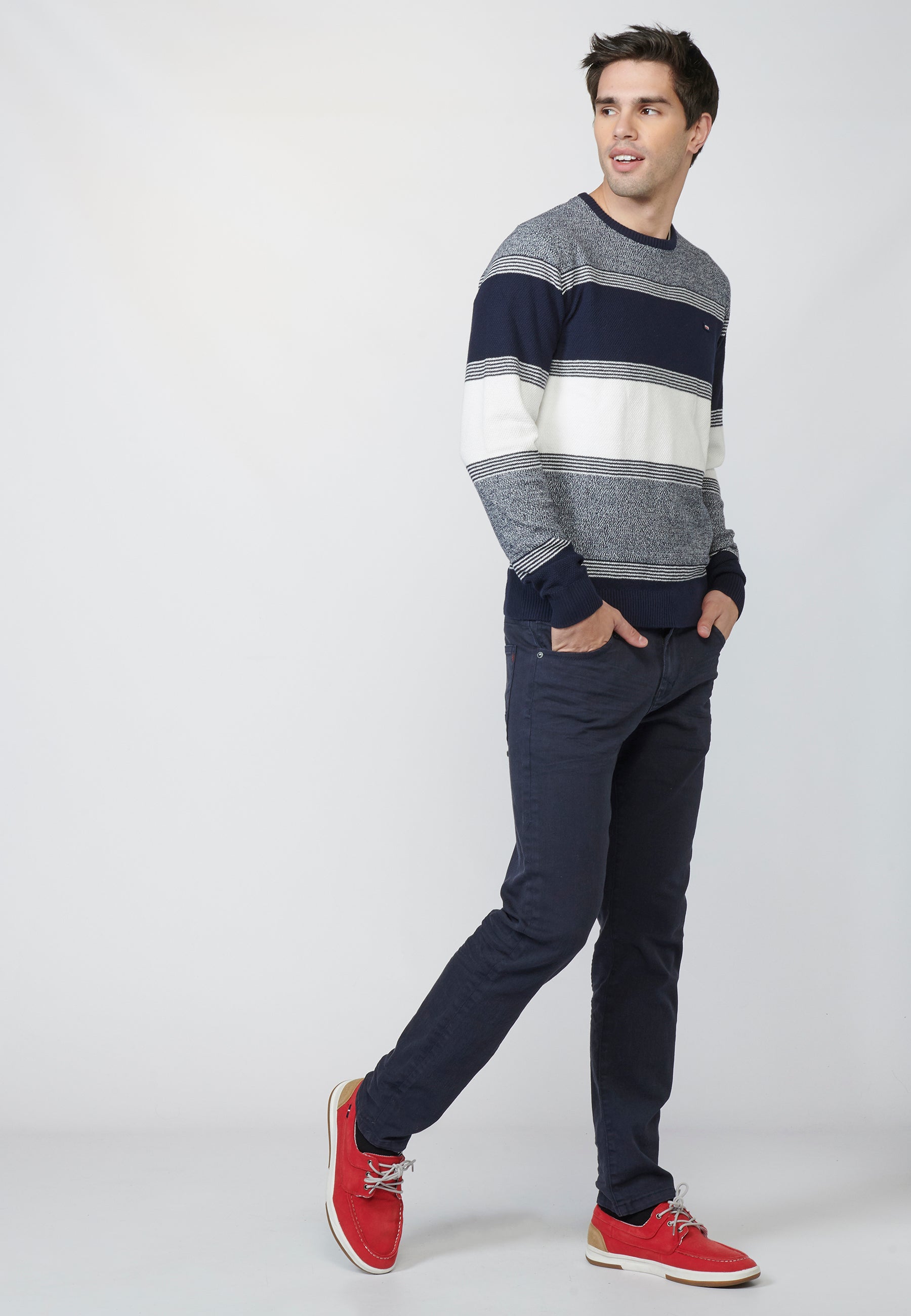 Jersey punto cuello redondo texturizado a rayas de algodón para hombre