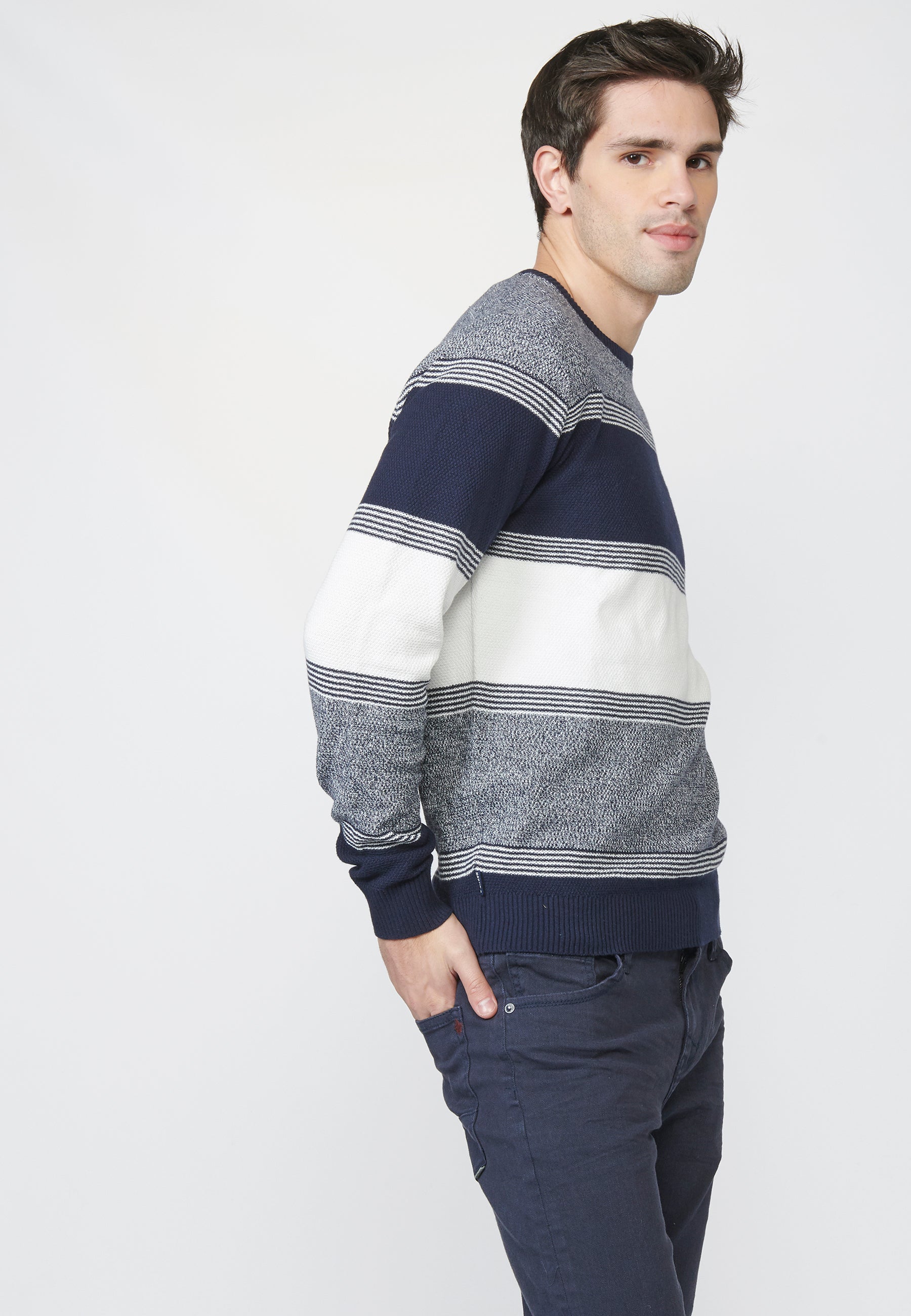 Jersey punto cuello redondo texturizado a rayas de algodón para hombre