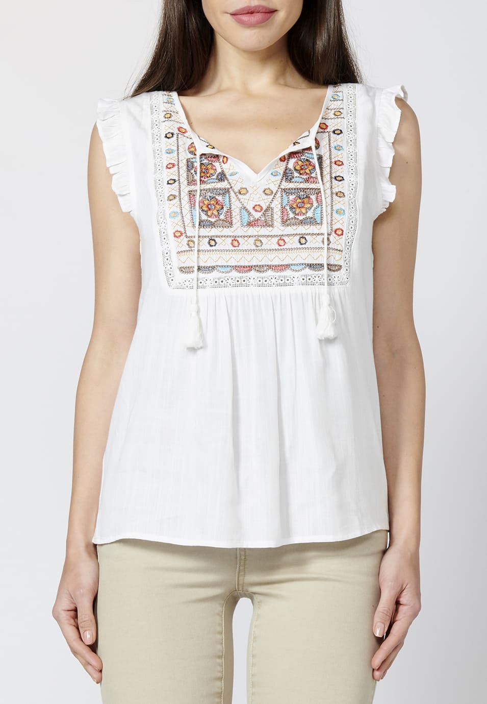 Blusa fluida púrpura sin mangas de mujer con bordado étnico floral