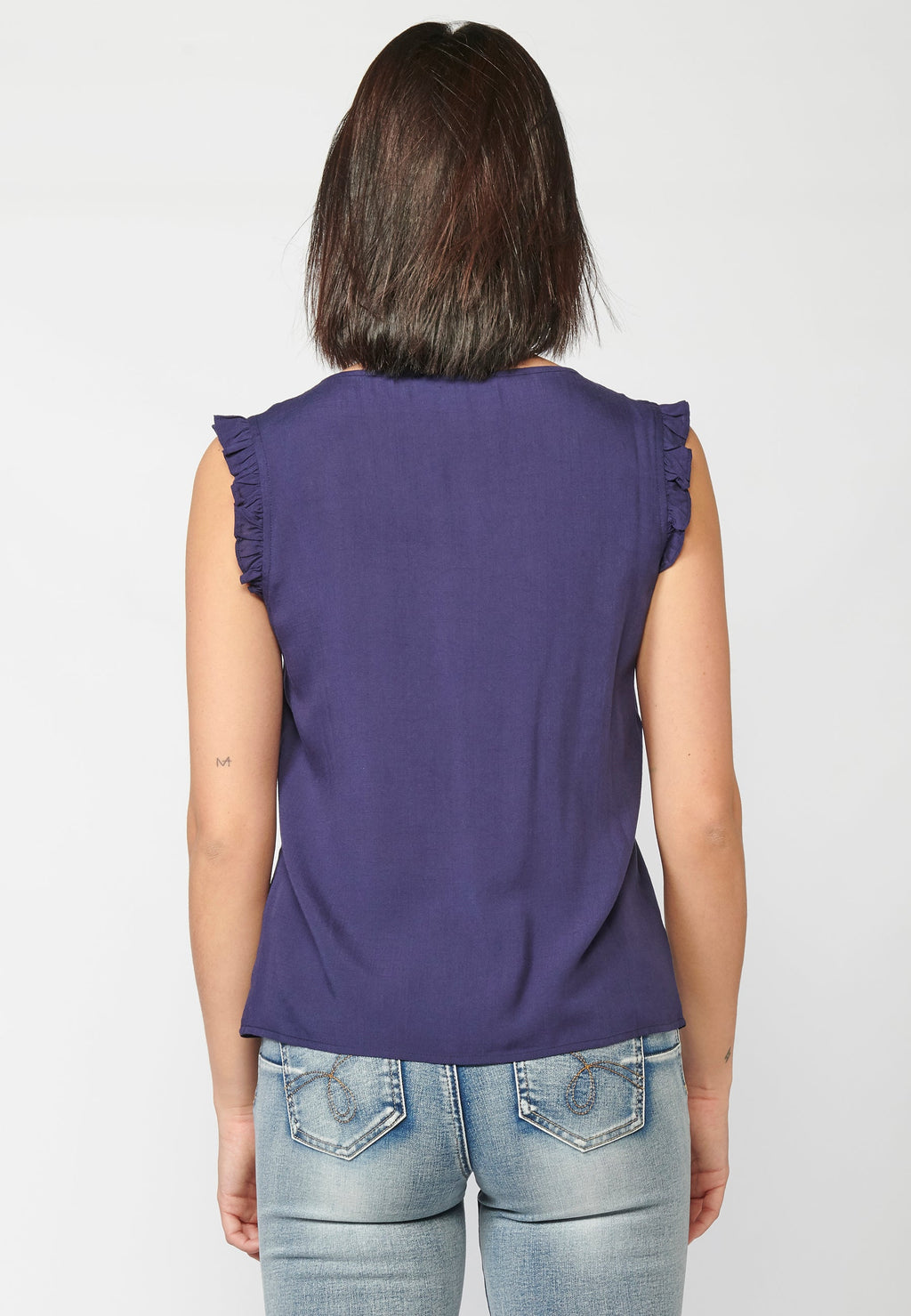 Blusa fluida púrpura sin mangas de mujer con bordado étnico floral