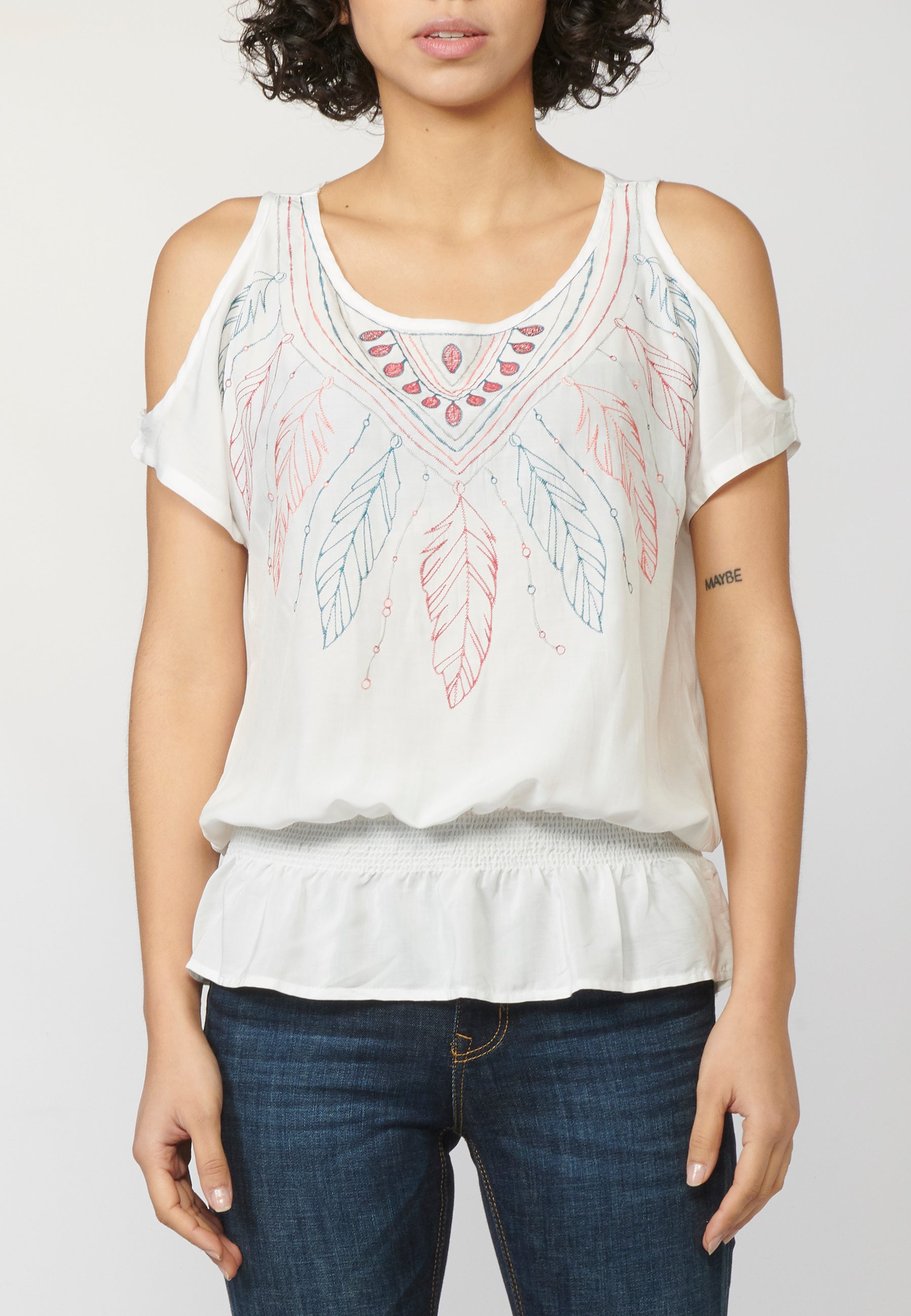 Blusa mujer fluida bordados frontal hombros descubiertos