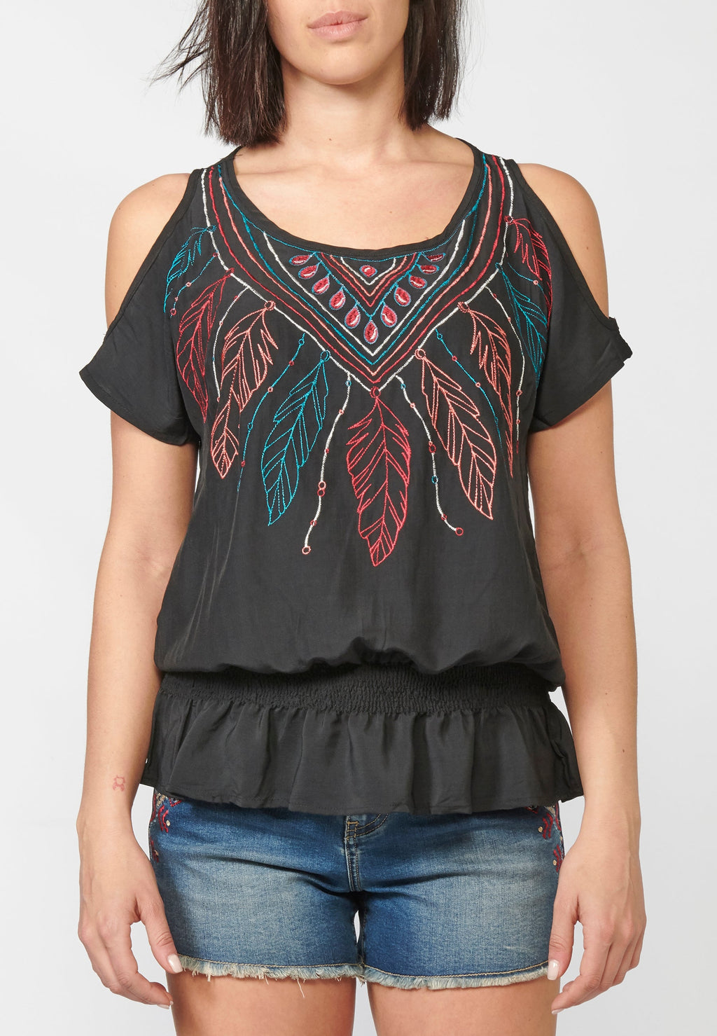 Blusa mujer fluida bordados frontal hombros descubiertos