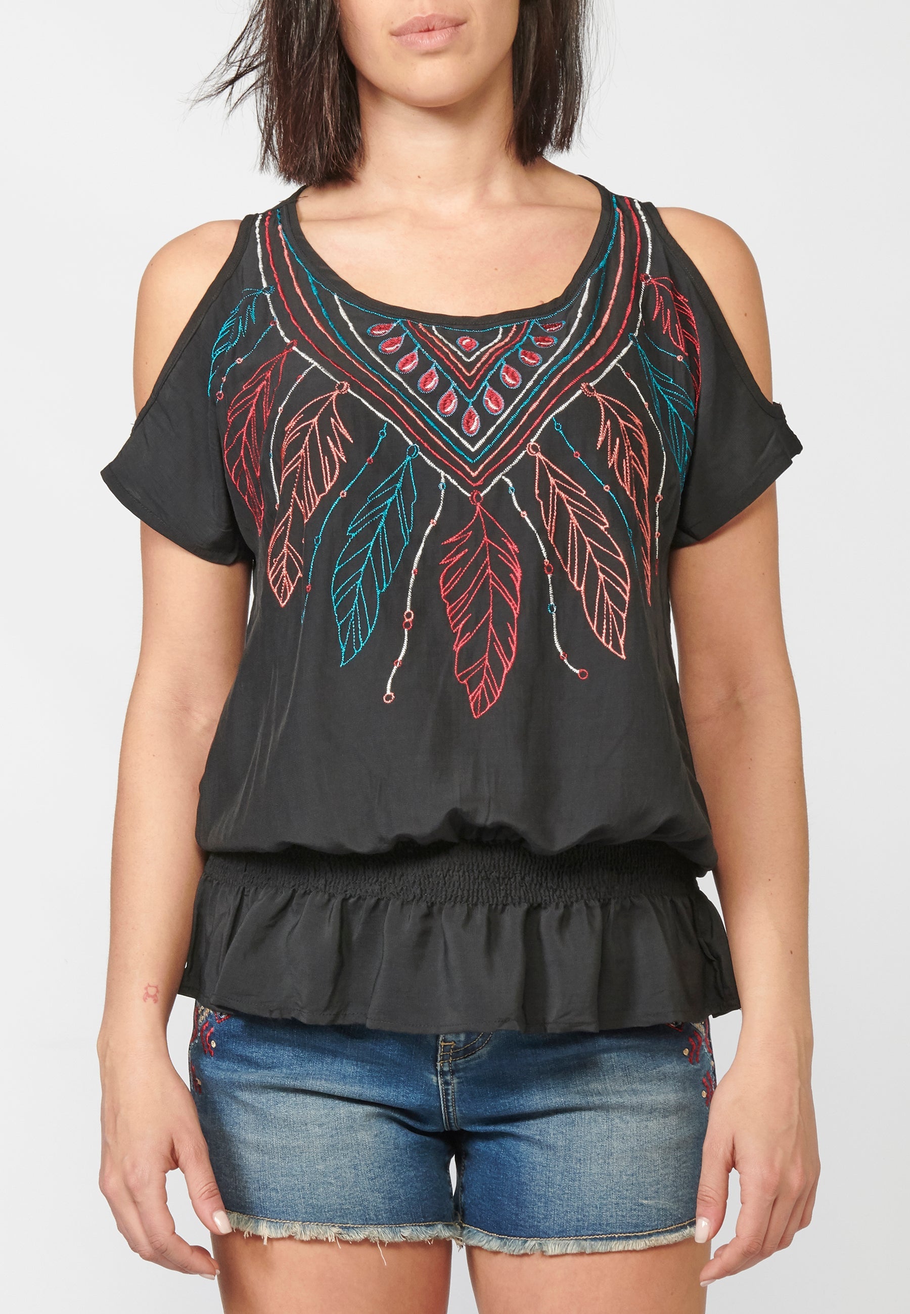 Blusa mujer fluida bordados frontal hombros descubiertos