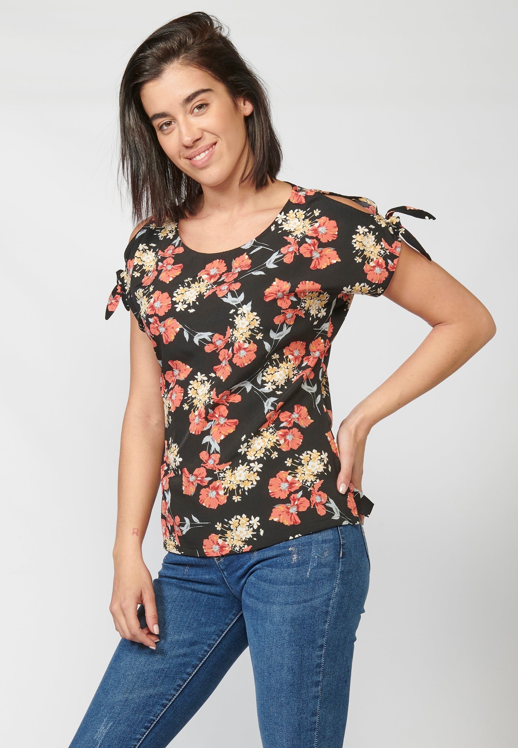 Blusa manga corta mujer estampado floral lazo hombro