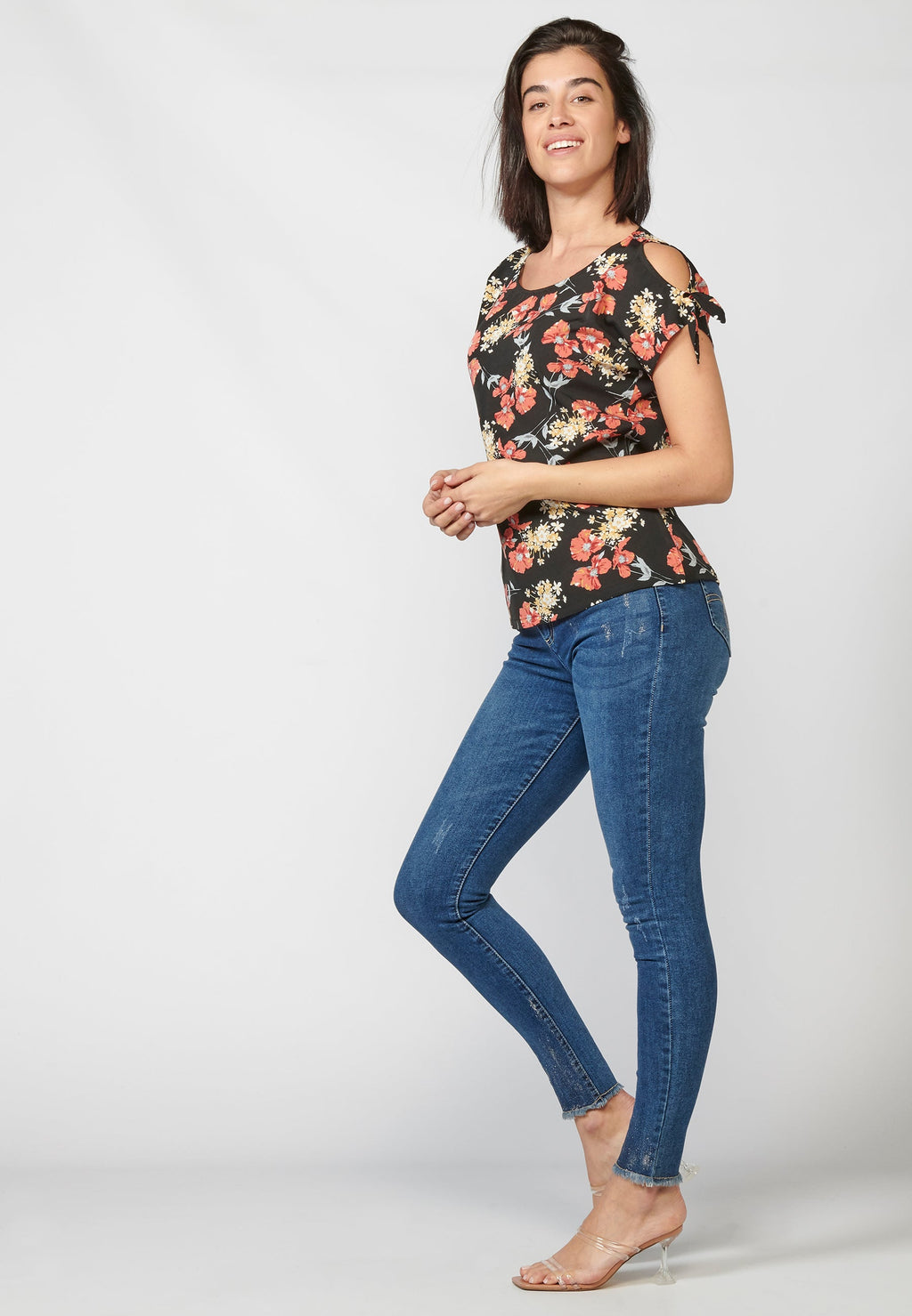 Blusa manga corta mujer estampado floral lazo hombro