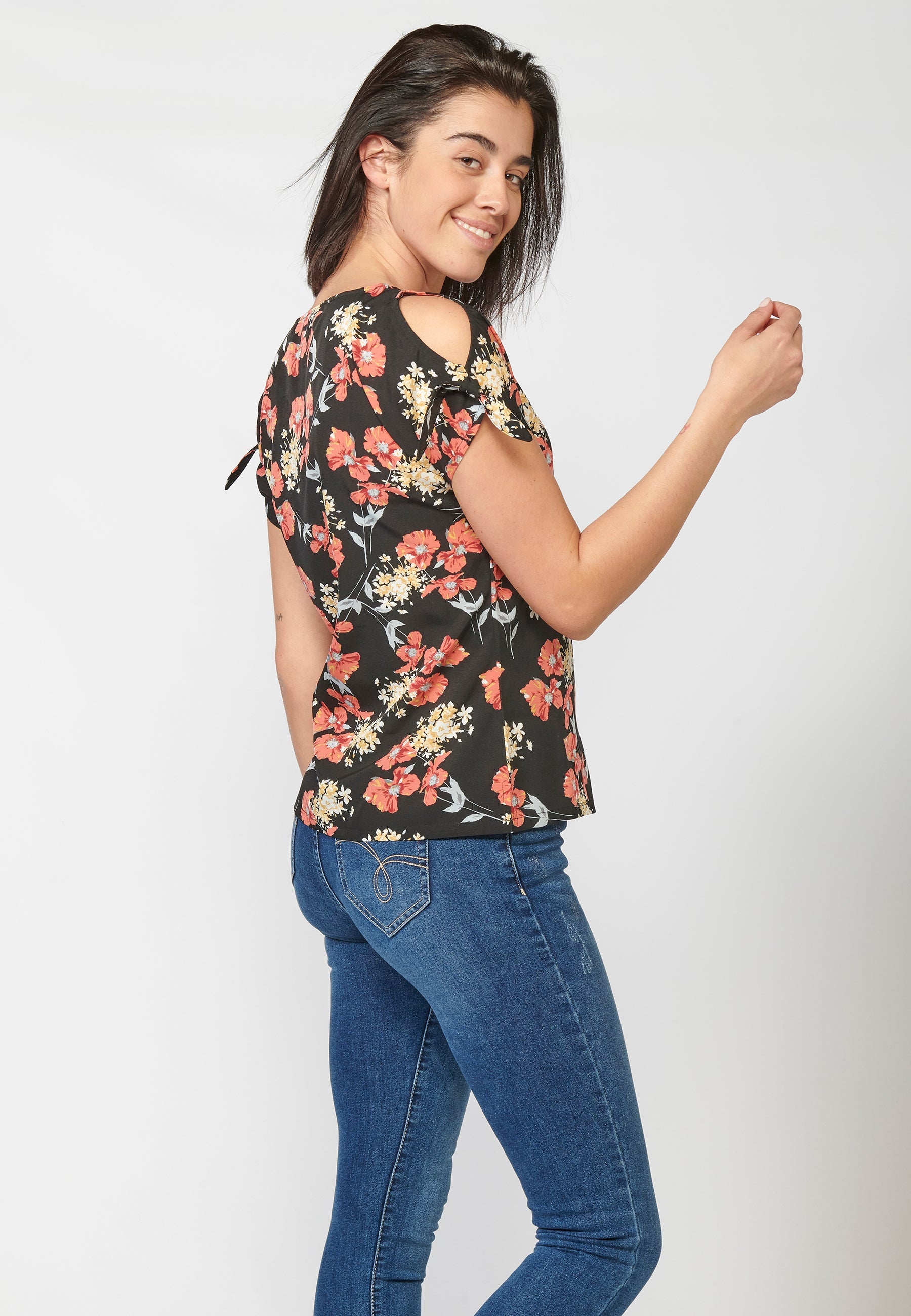 Blusa manga corta mujer estampado floral lazo hombro