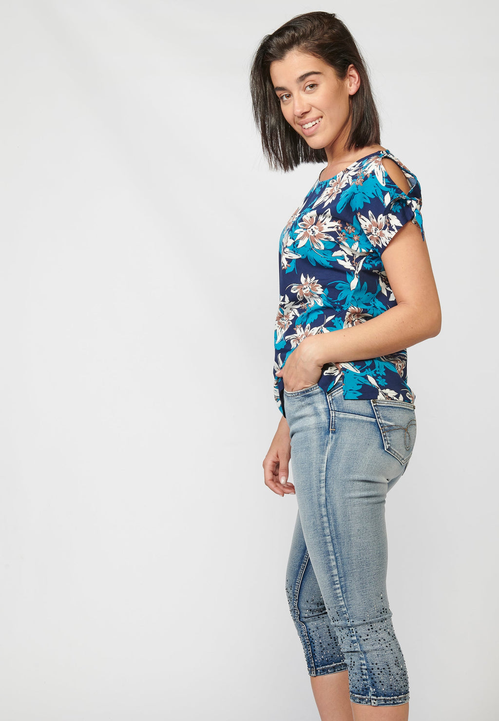 Blusa manga corta mujer estampado floral lazo hombro