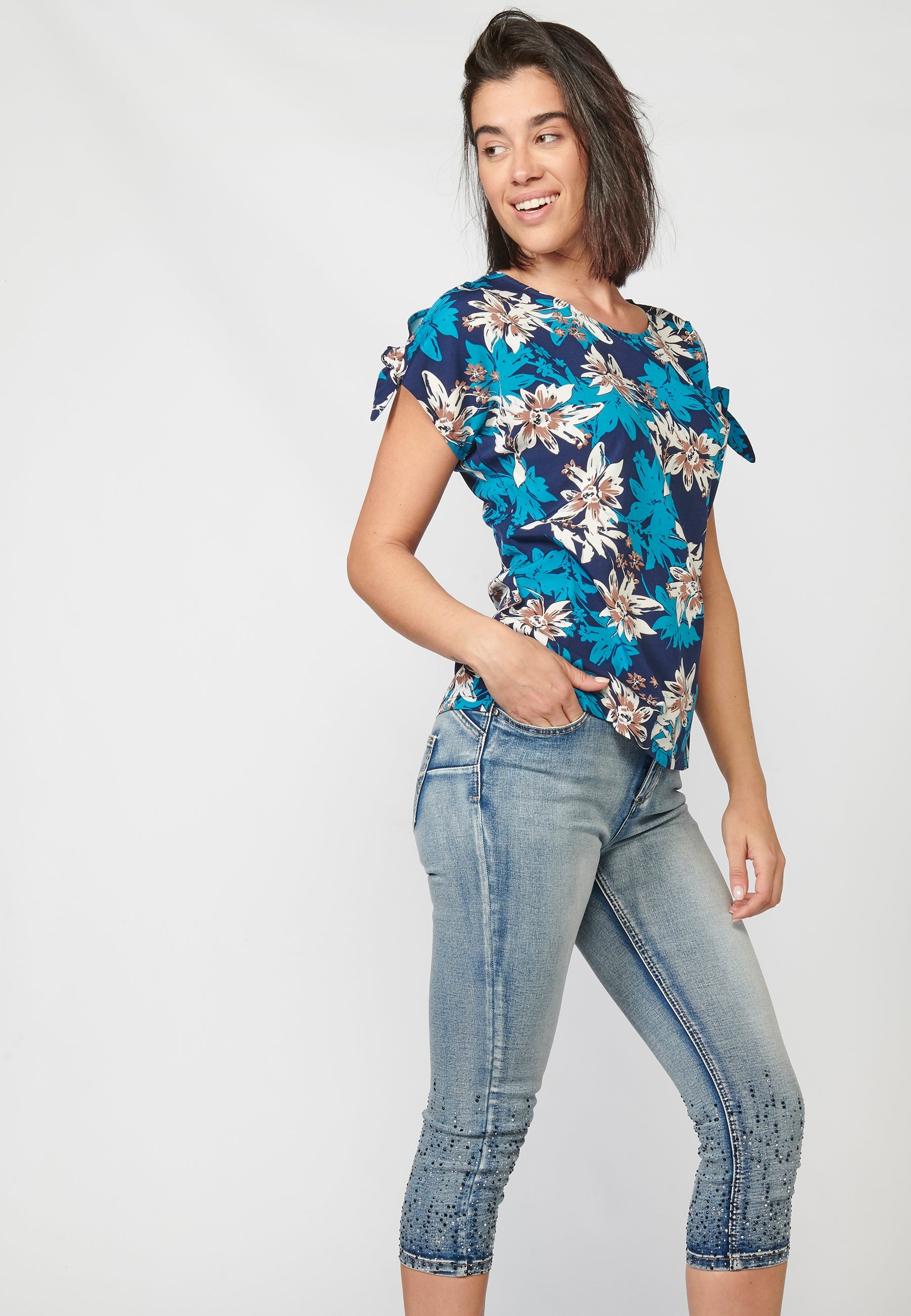 Blusa manga corta mujer estampado floral lazo hombro