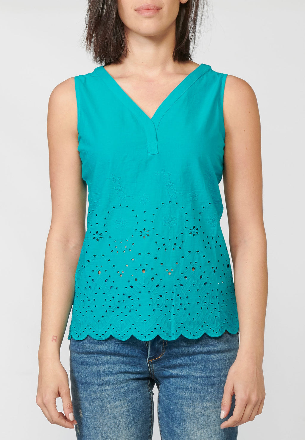Blusa mujer de algodón roja corte recto sin mangas cuello pico