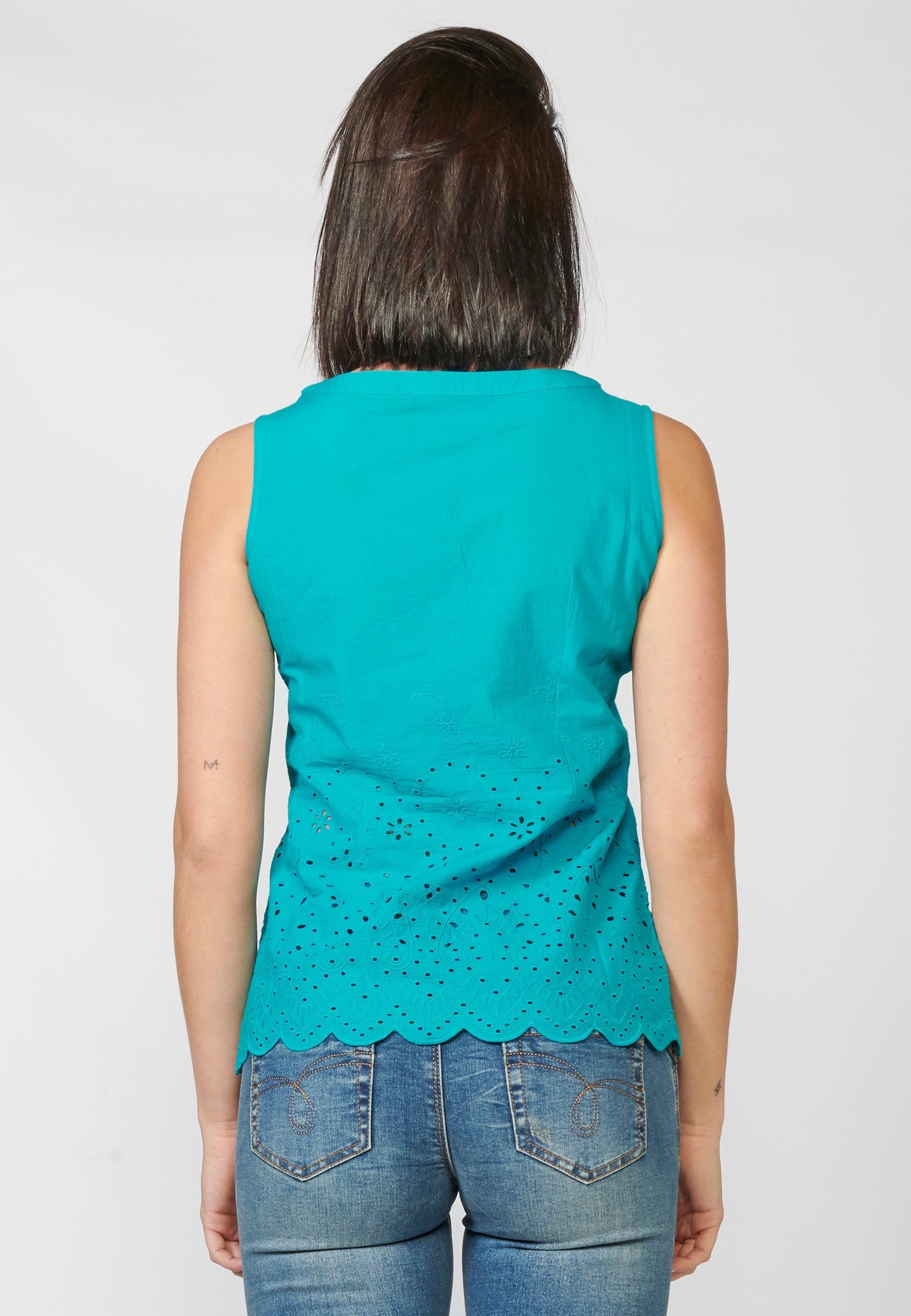 Blusa mujer de algodón roja corte recto sin mangas cuello pico