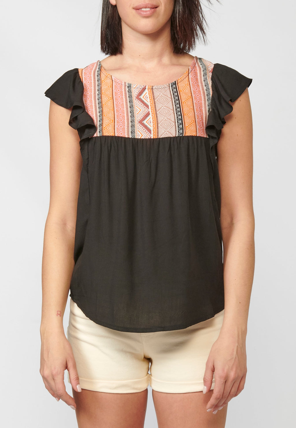 Blusa negra fluida sin mangas escote redondo con detalles bordados para mujer