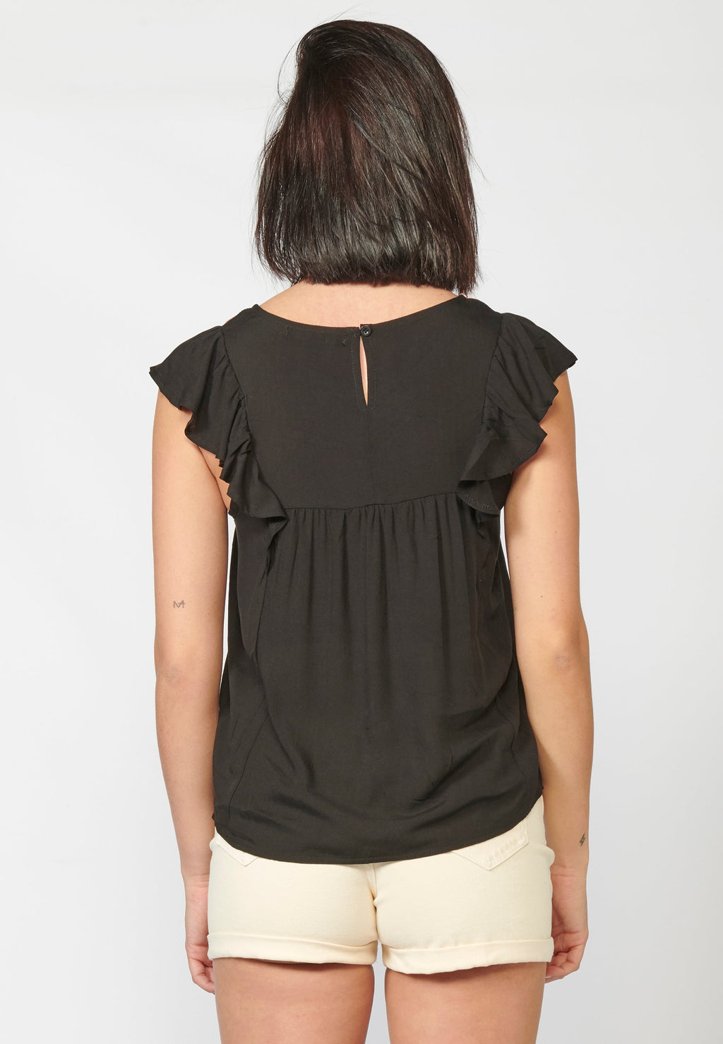 Blusa negra fluida sin mangas escote redondo con detalles bordados para mujer
