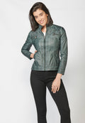 Chaqueta cazadora mujer efecto piel cuello mao