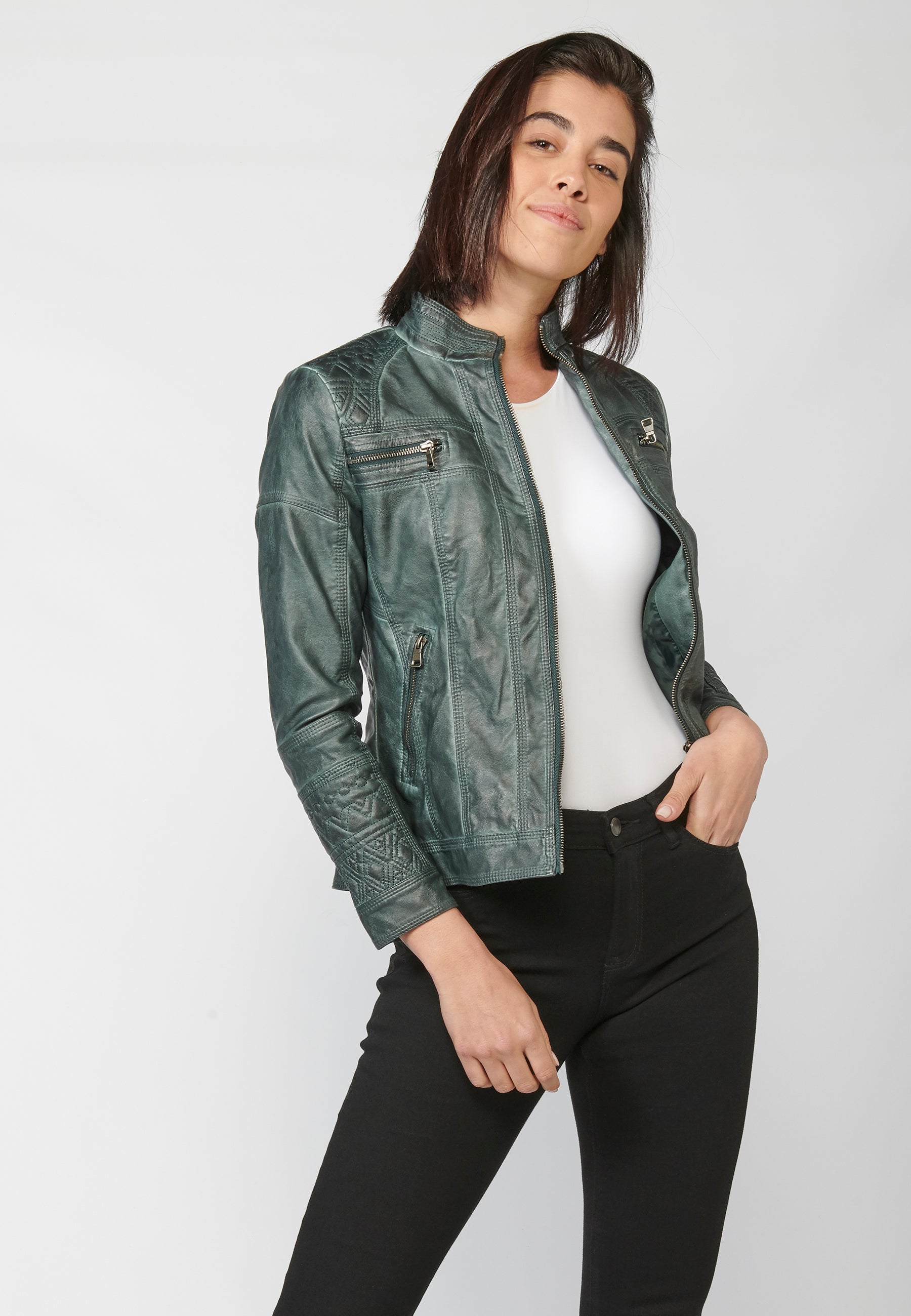 Chaqueta cazadora mujer efecto piel cuello mao