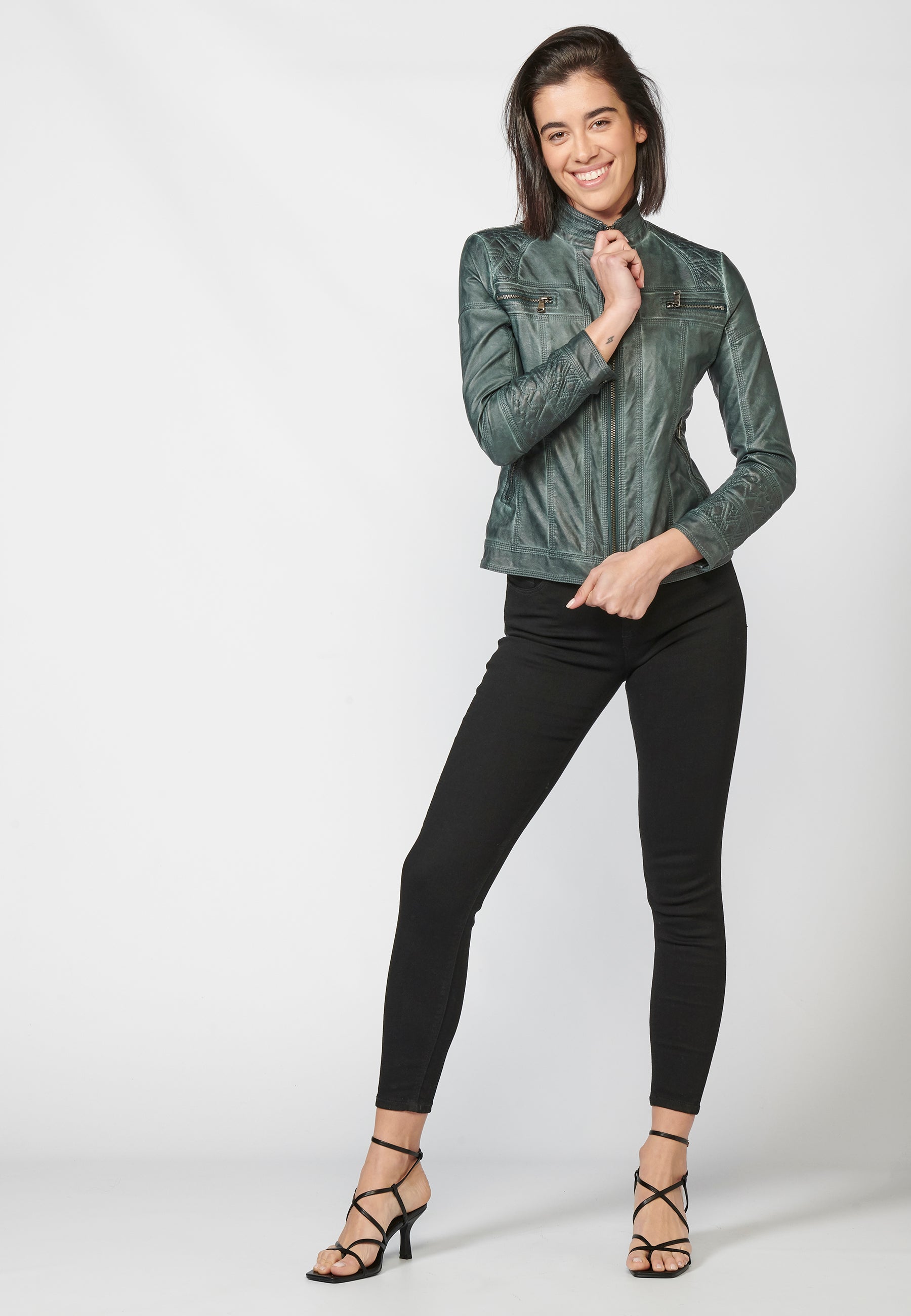 Chaqueta cazadora mujer efecto piel cuello mao