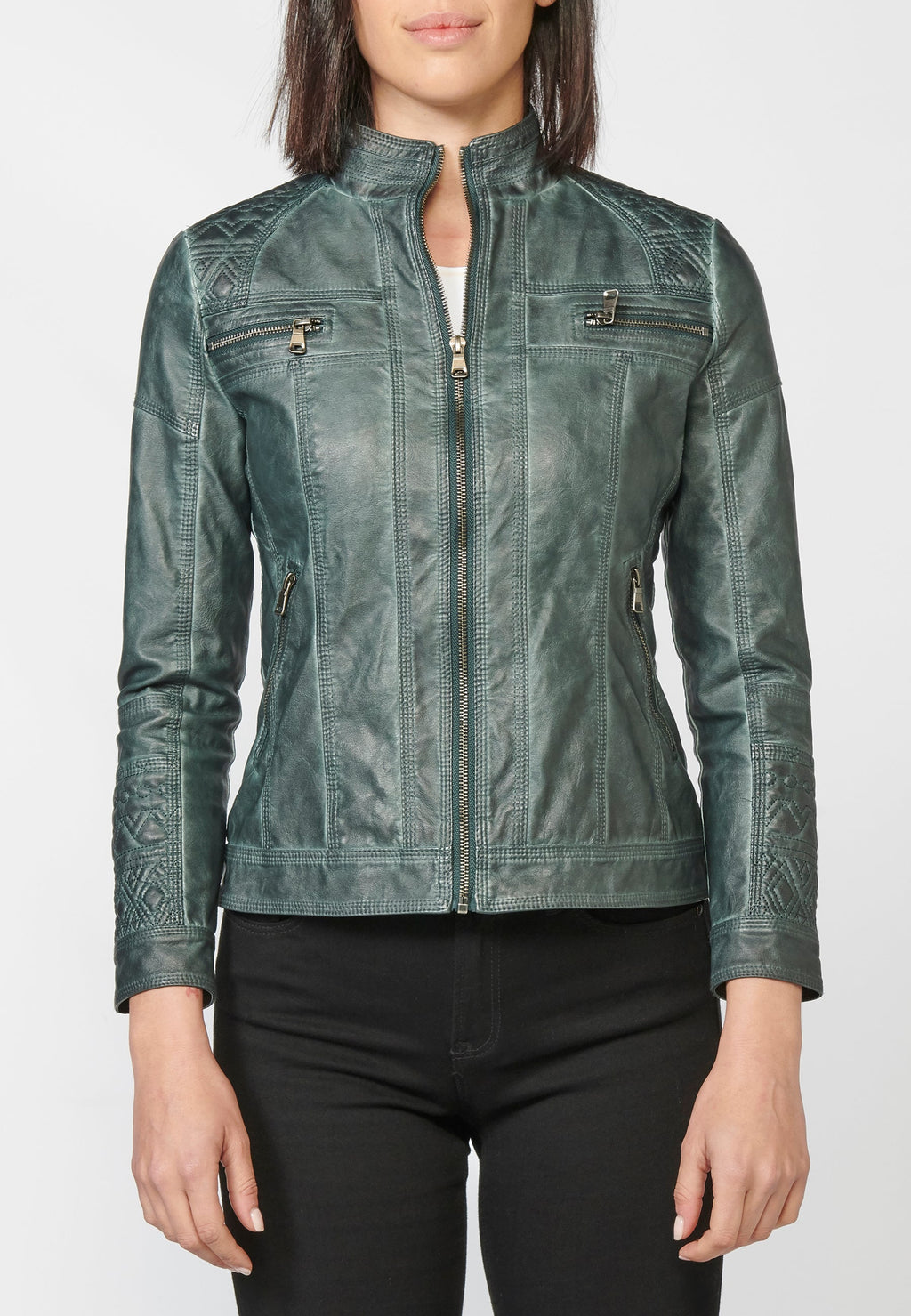 Chaqueta cazadora mujer efecto piel cuello mao