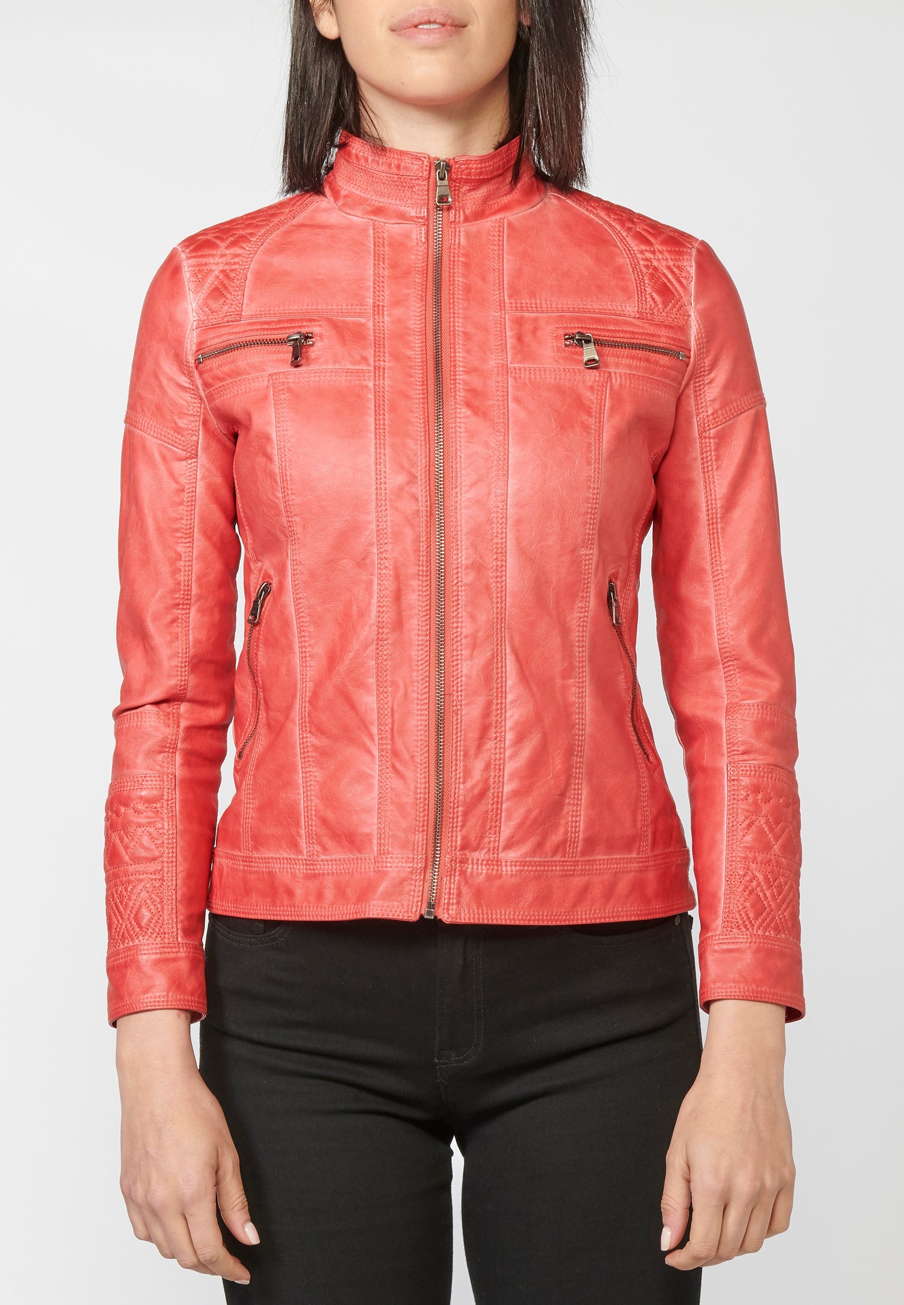 Chaqueta cazadora mujer efecto piel cuello mao