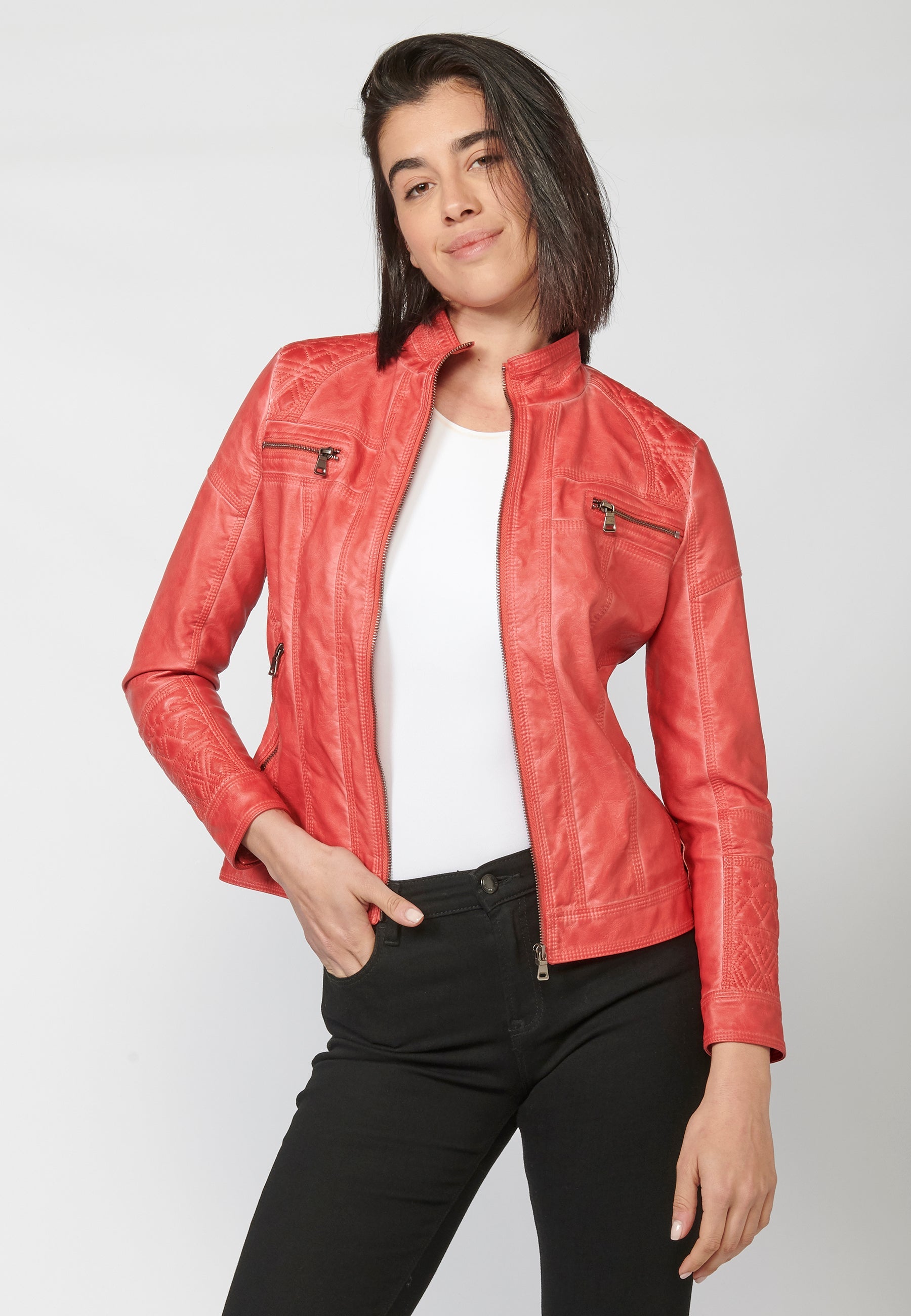 Chaqueta cazadora mujer efecto piel cuello mao