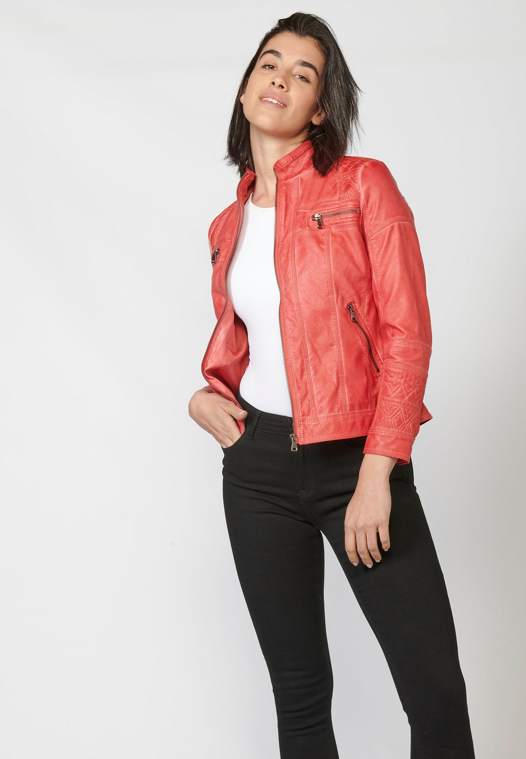 Chaqueta cazadora mujer efecto piel cuello mao