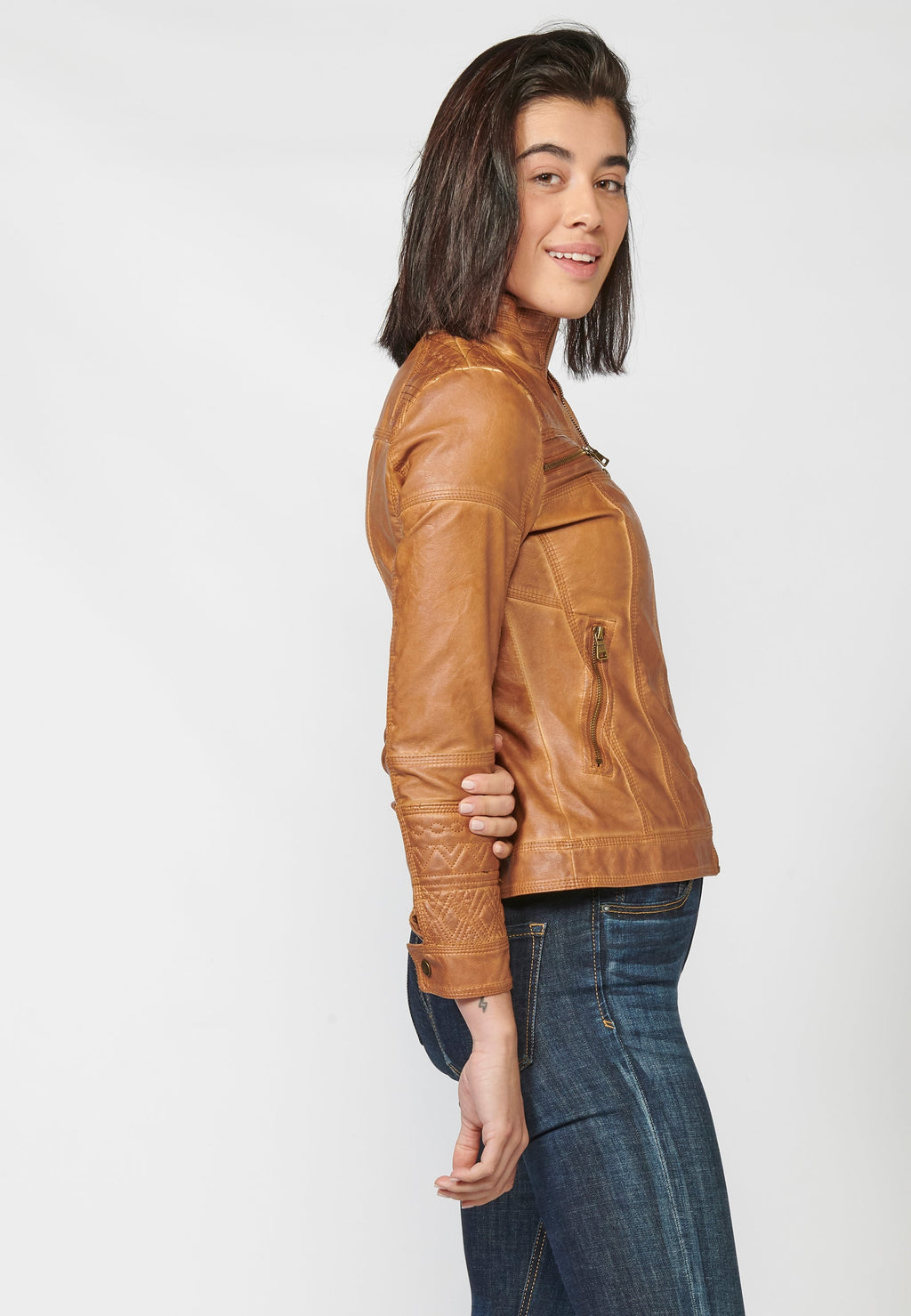 Chaqueta cazadora mujer efecto piel cuello mao