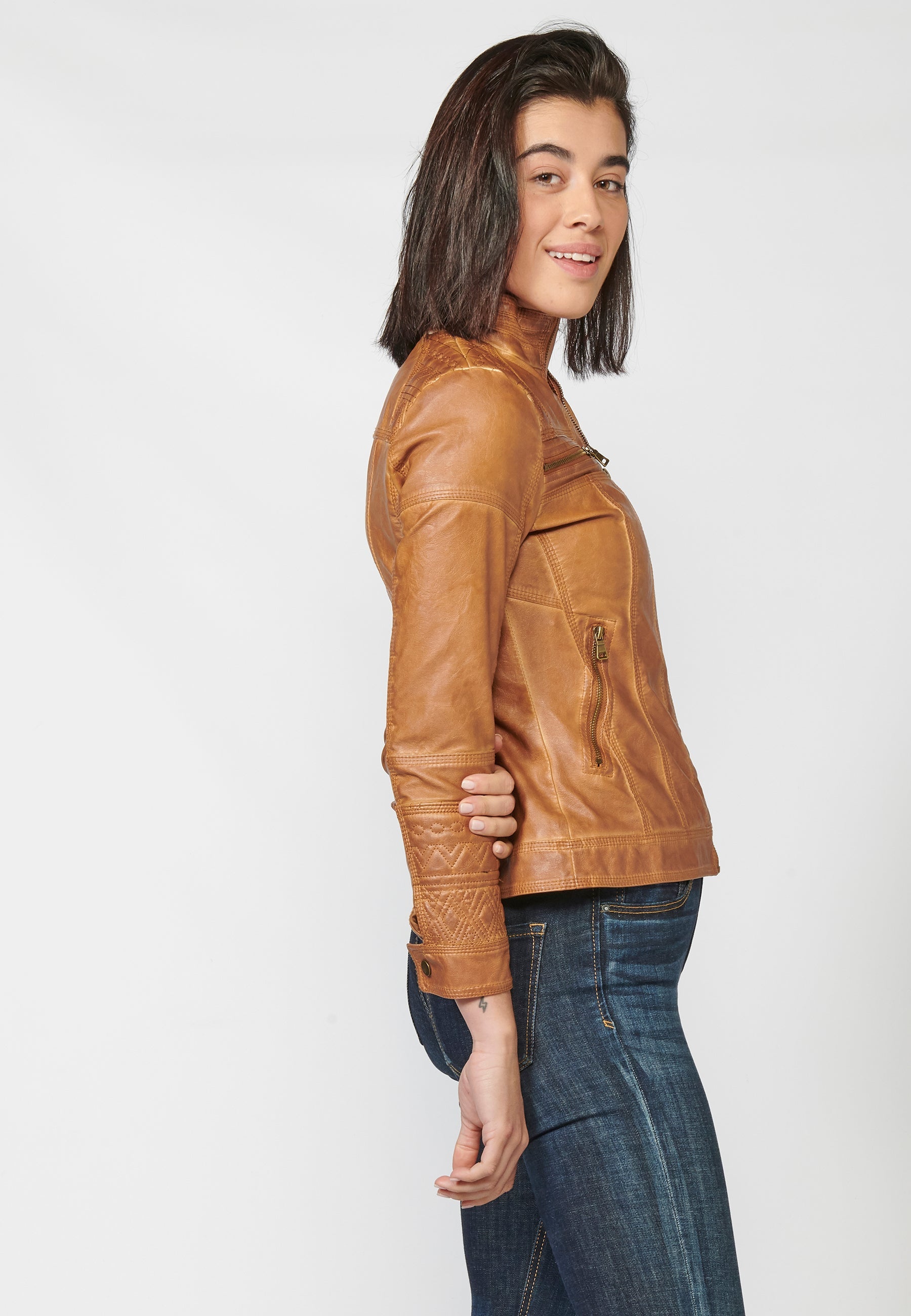 Chaqueta cazadora mujer efecto piel cuello mao