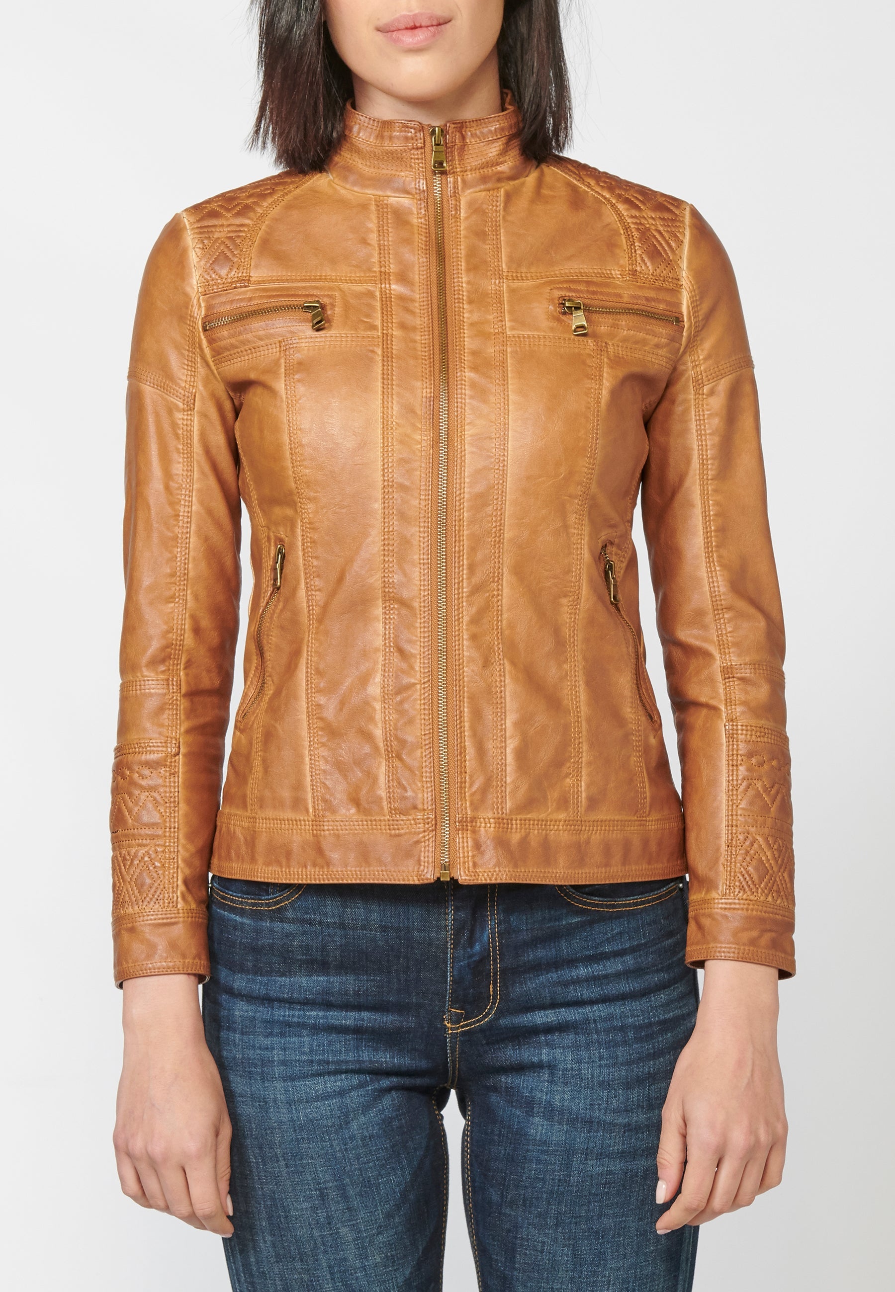 Chaqueta cazadora mujer efecto piel cuello mao