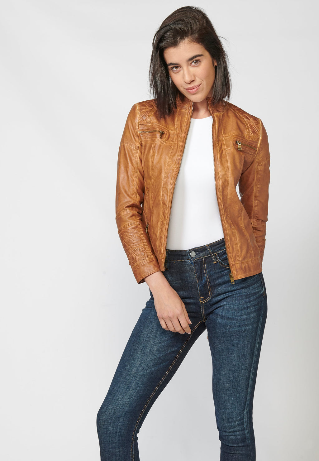 Chaqueta cazadora mujer efecto piel cuello mao