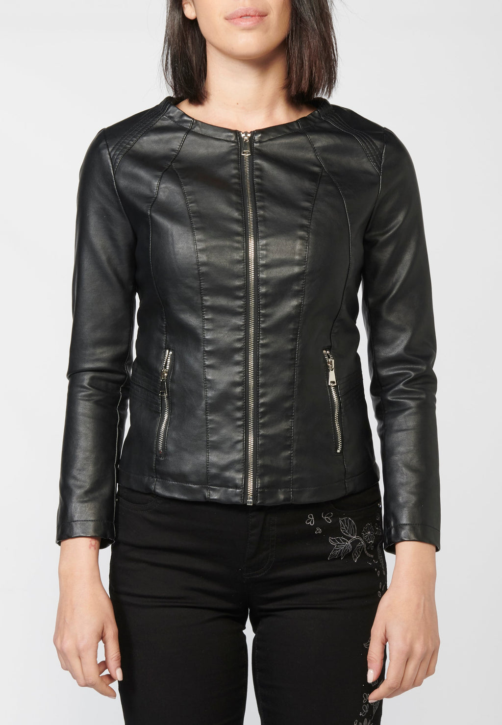 Chaqueta cazadora roja efecto piel de cuello redondo para mujer