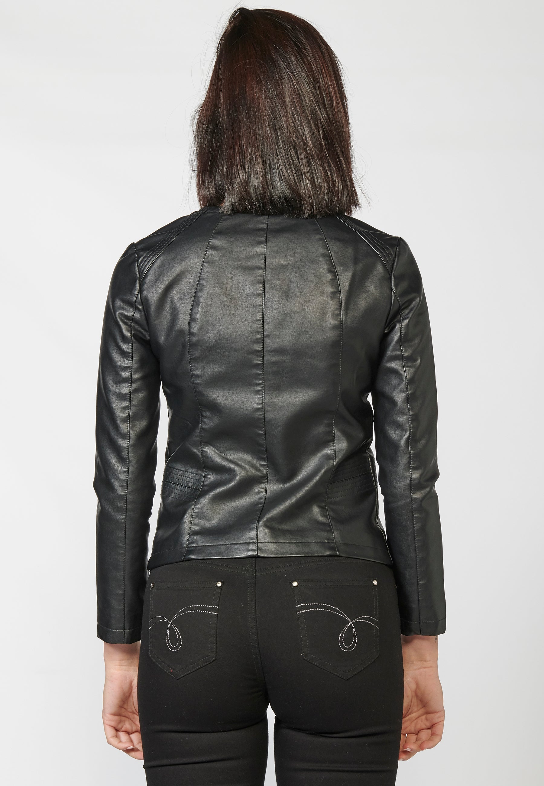 Chaqueta cazadora roja efecto piel de cuello redondo para mujer