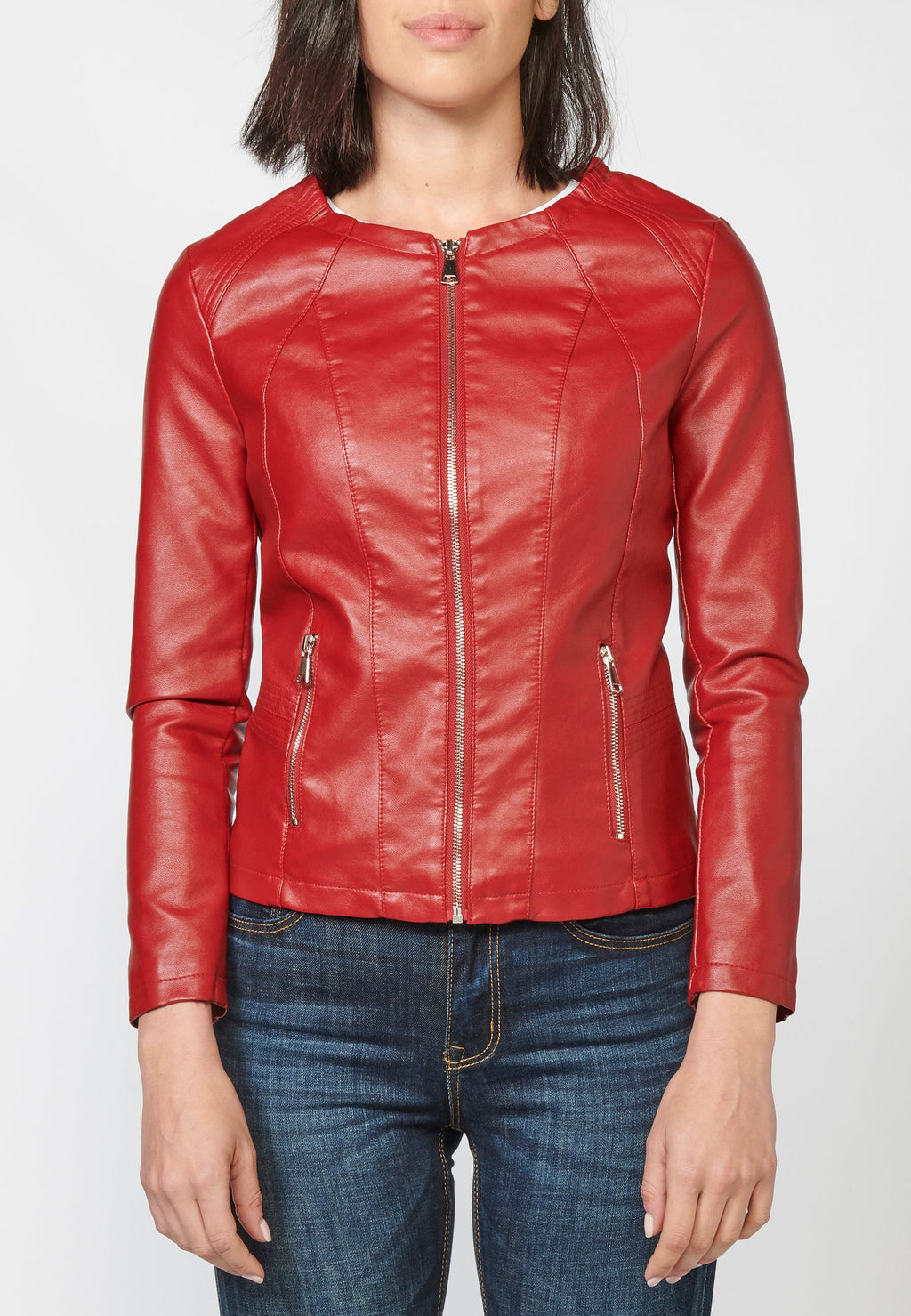 Chaqueta cazadora roja efecto piel de cuello redondo para mujer
