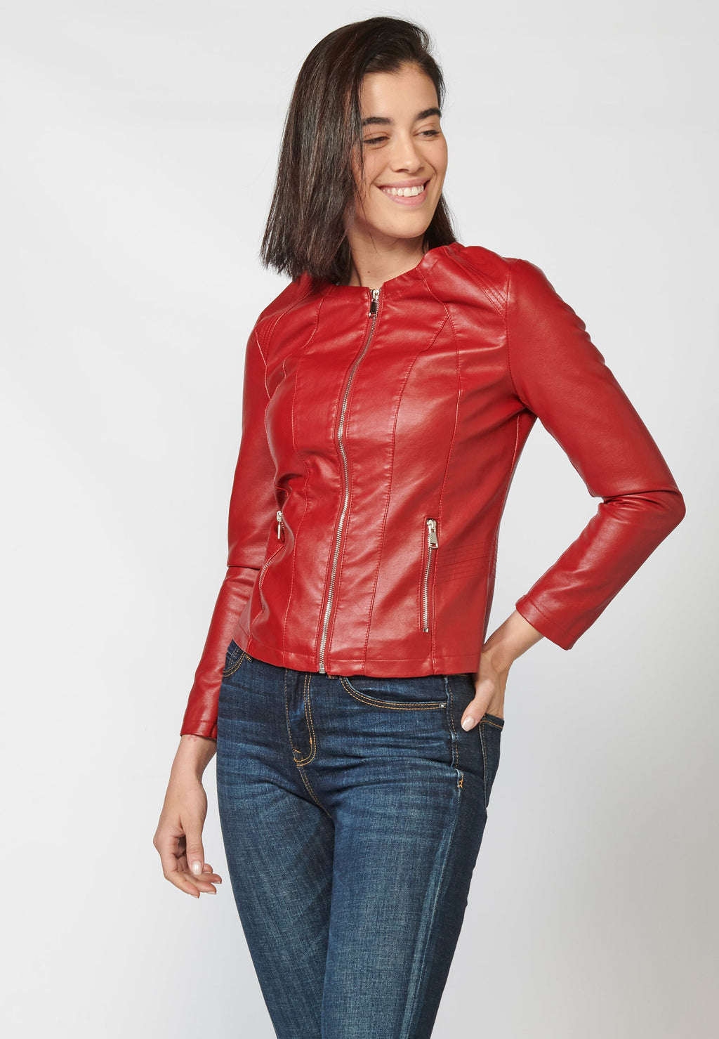 Chaqueta cazadora roja efecto piel de cuello redondo para mujer