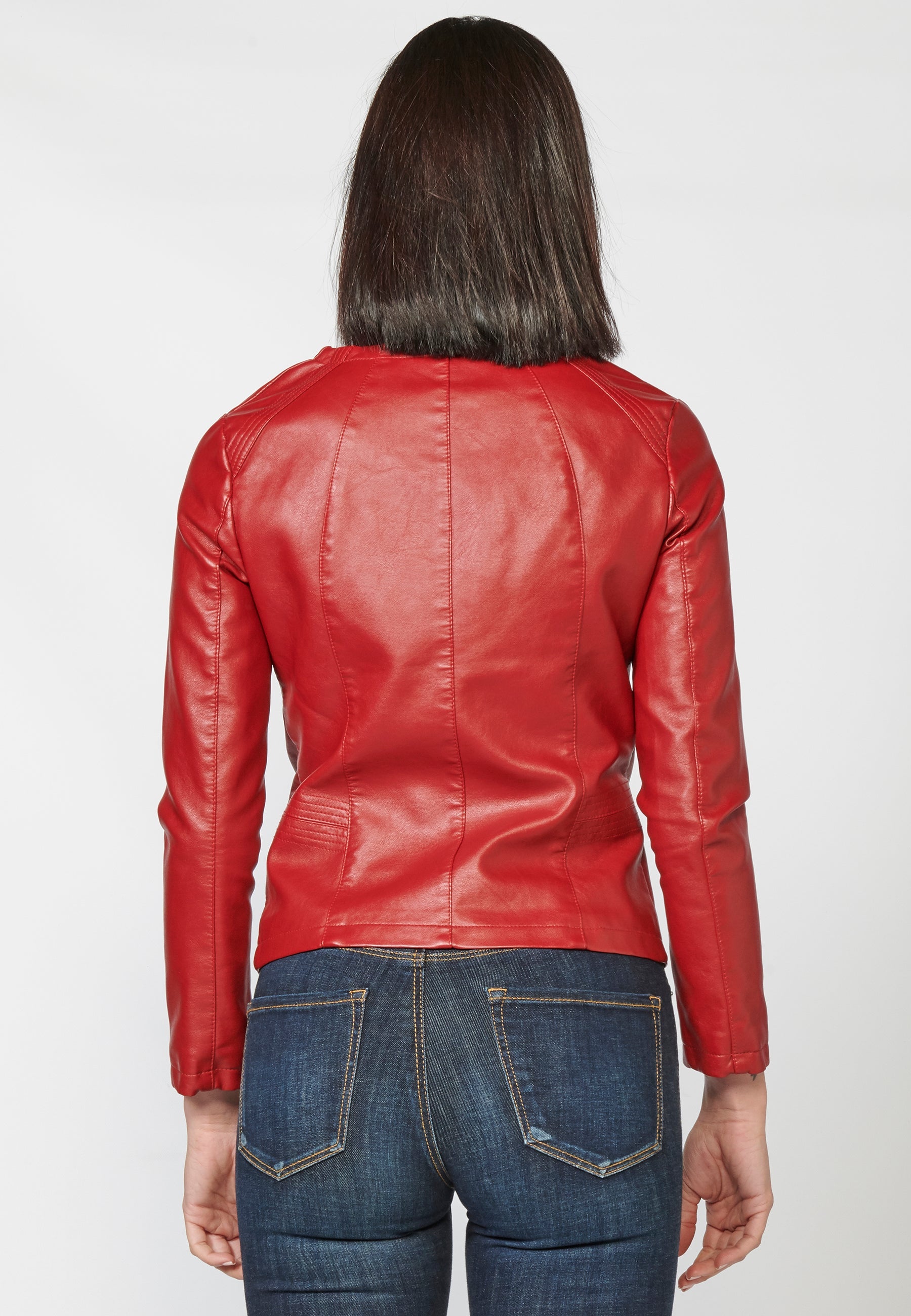 Chaqueta cazadora roja efecto piel de cuello redondo para mujer