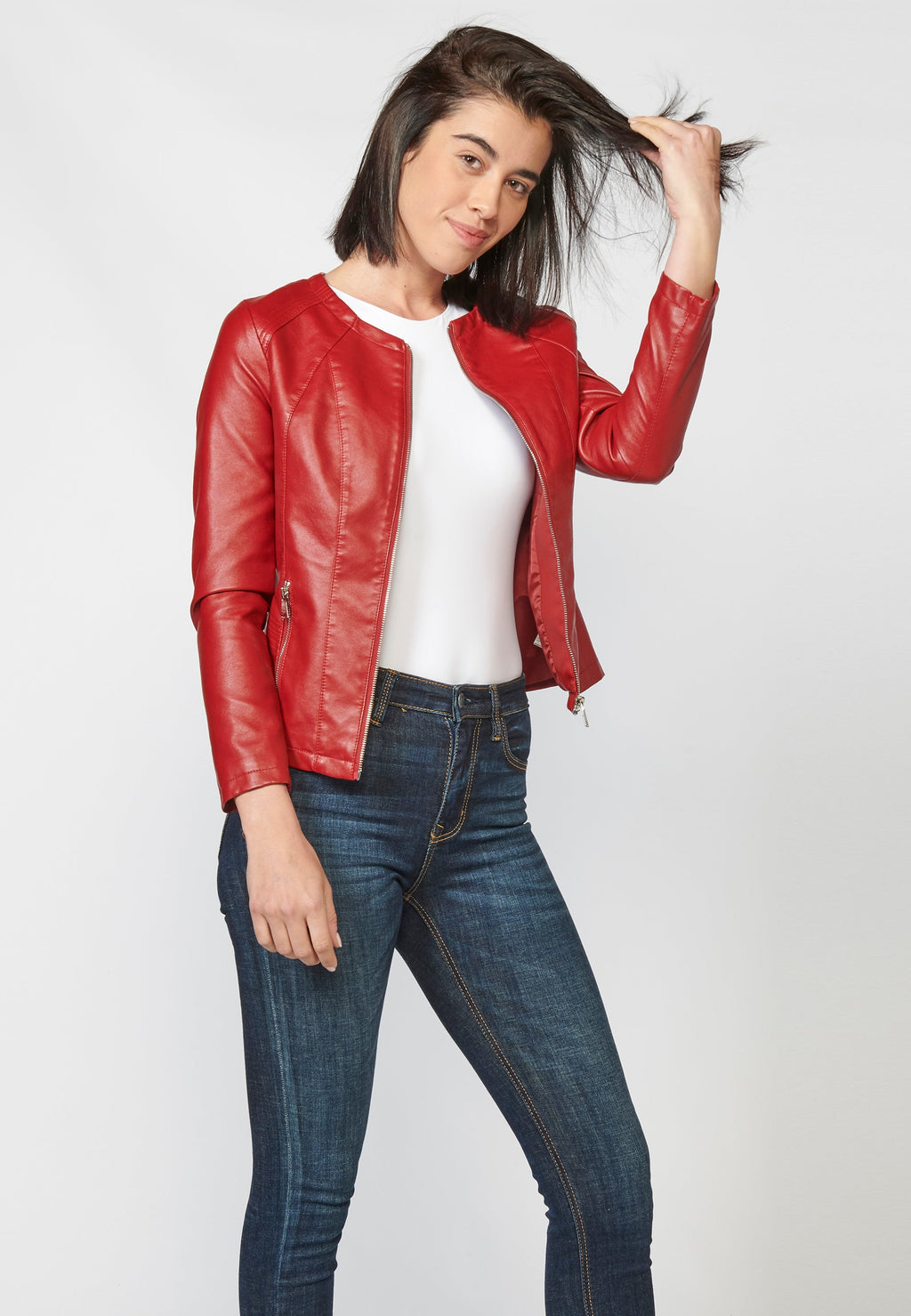 Chaqueta cazadora roja efecto piel de cuello redondo para mujer