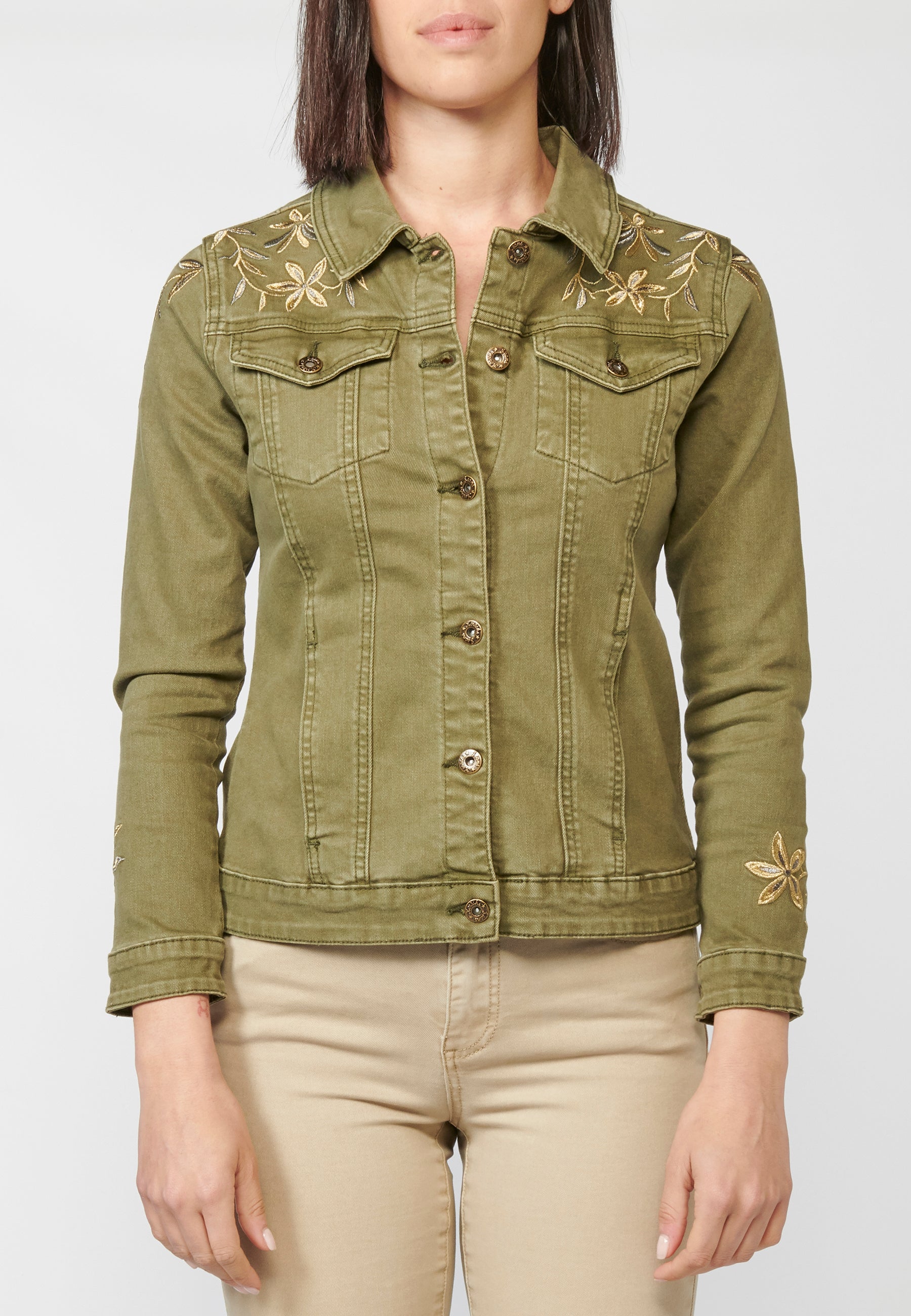 Chaqueta cazadora mujer algodón vaquero denim  elástico kaki bordados