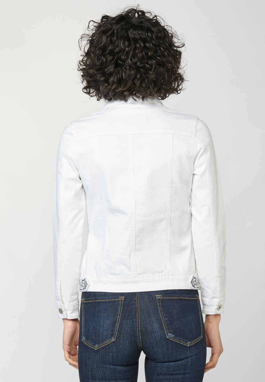 Chaqueta cazadora vaquera denim blanco elástico mujer bordado floral