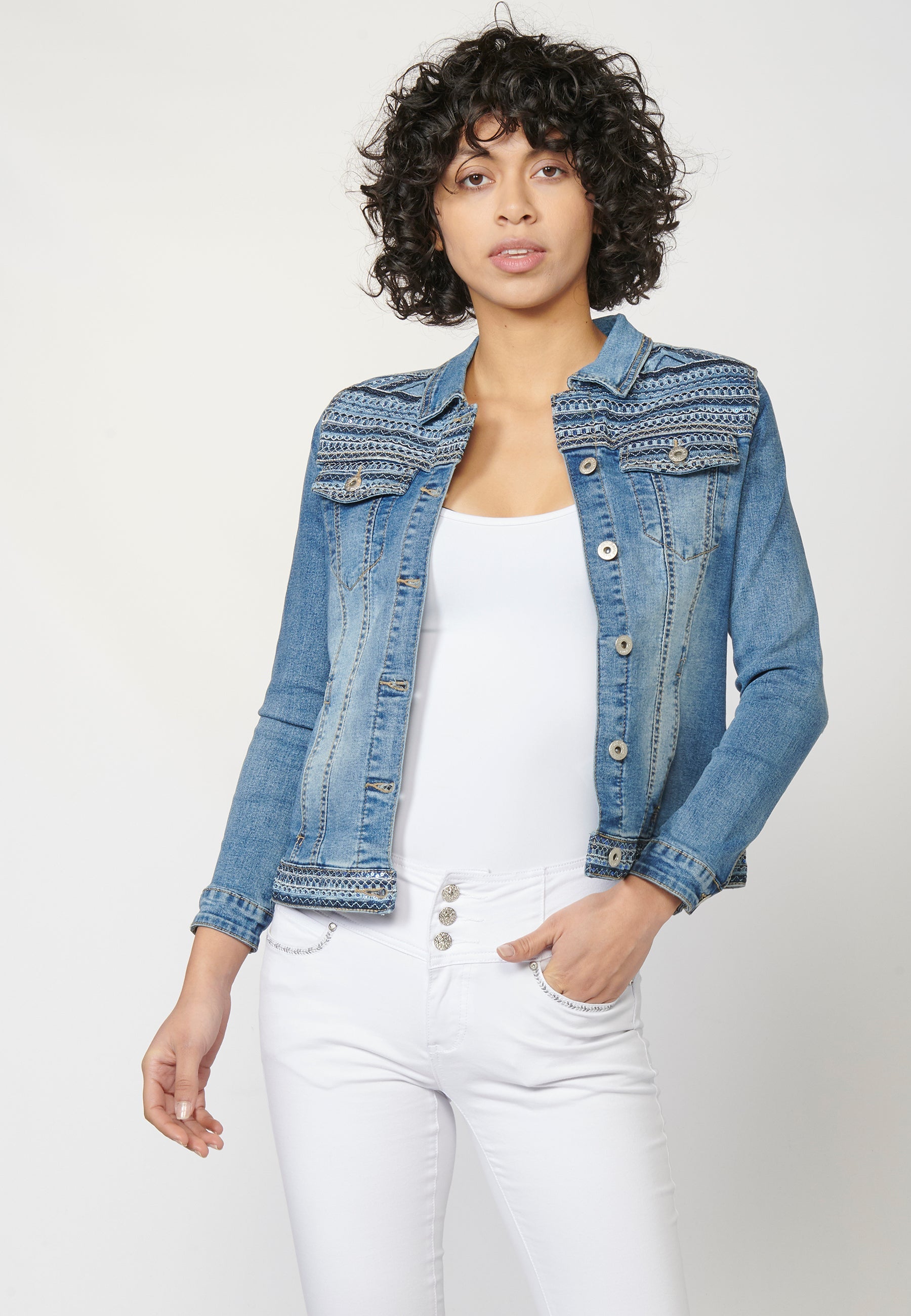 Cazadora vaquera denim manga larga mujer | moda actual