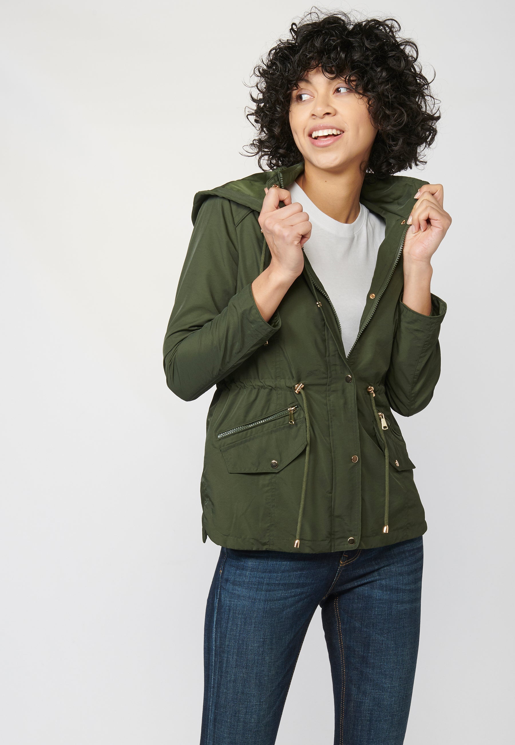 Parka larga mujer marino con capucha desmontable y cintura cordón ajustable