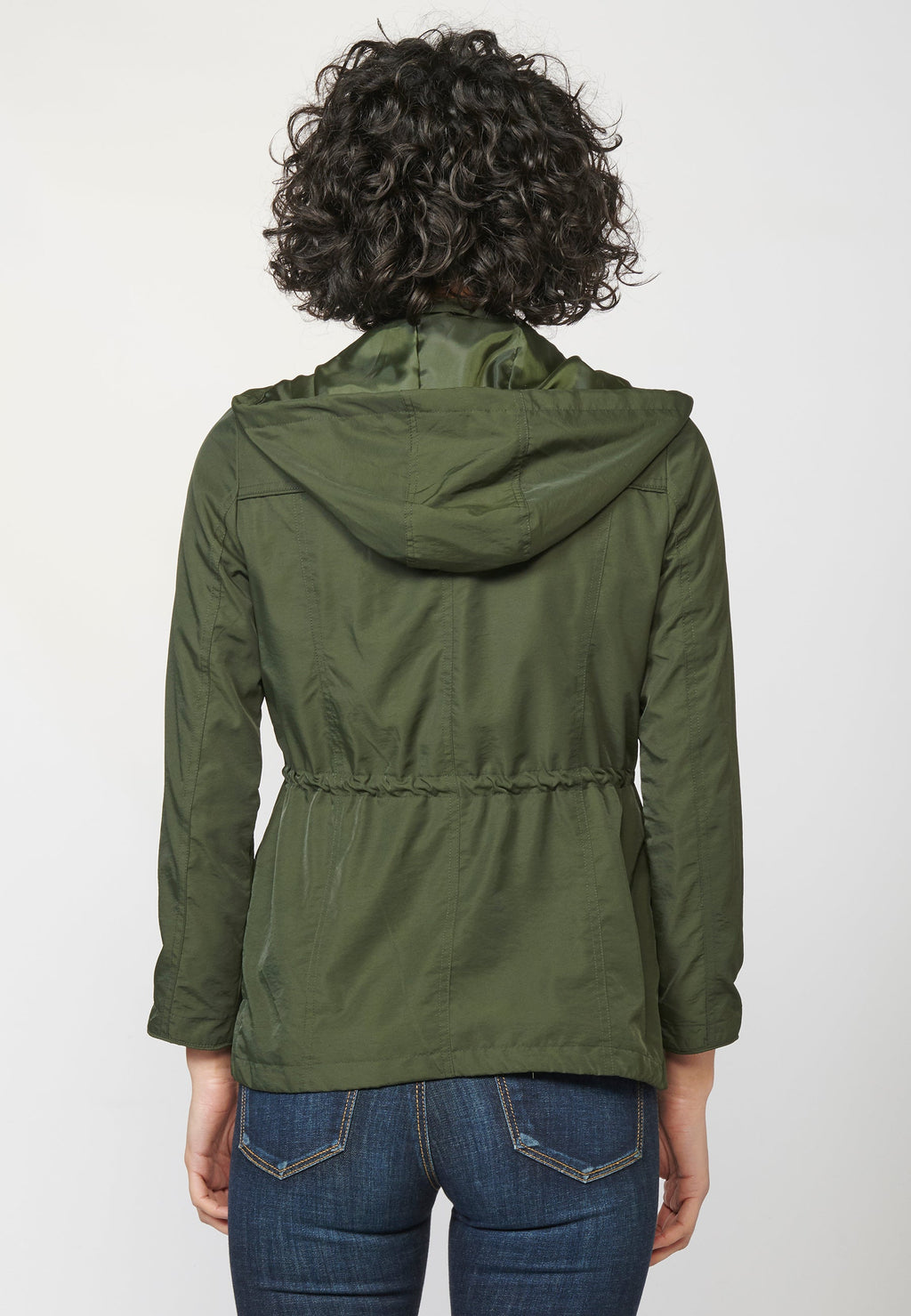 Parka larga mujer marino con capucha desmontable y cintura cordón ajustable