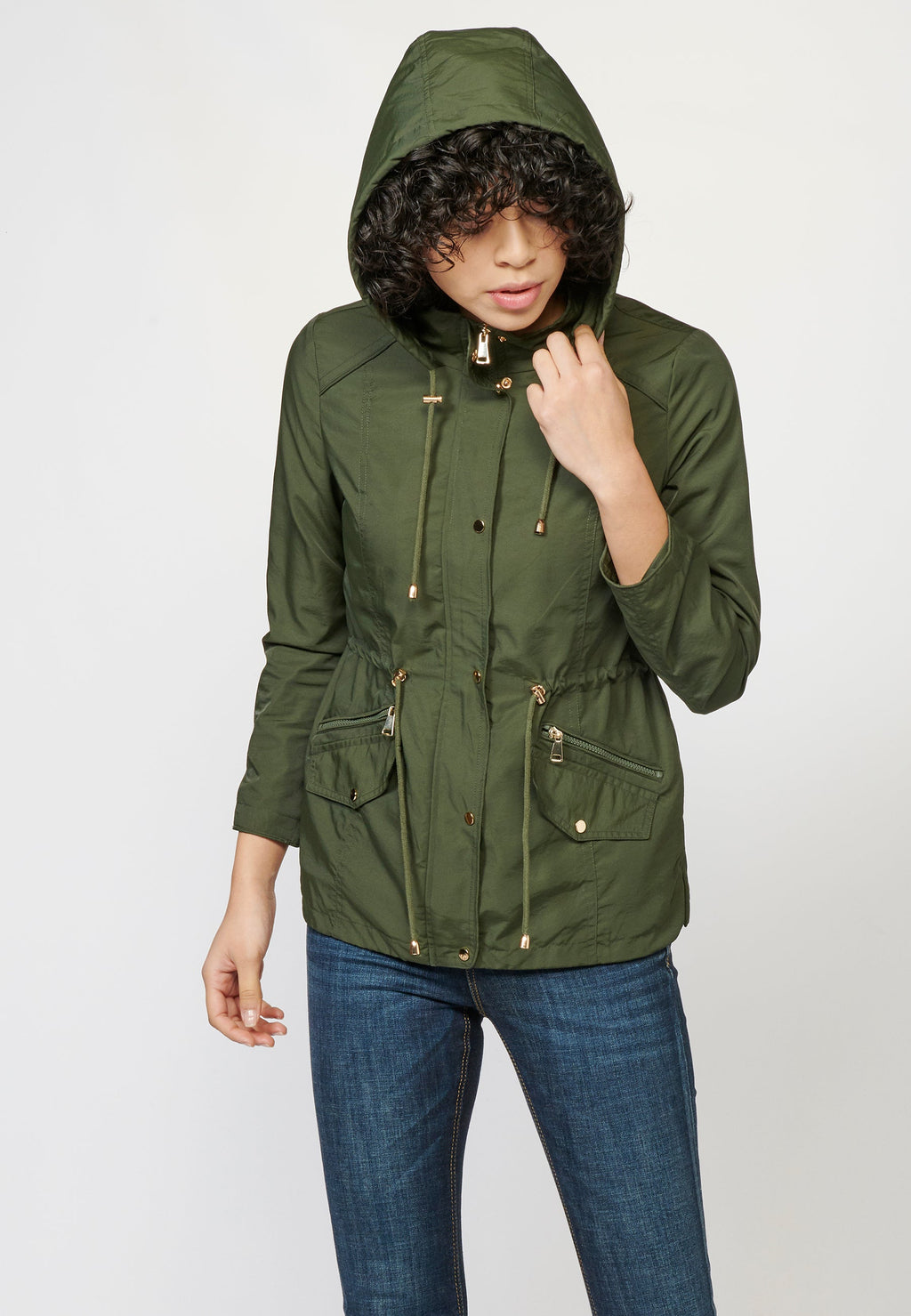 Parka larga mujer marino con capucha desmontable y cintura cordón ajustable