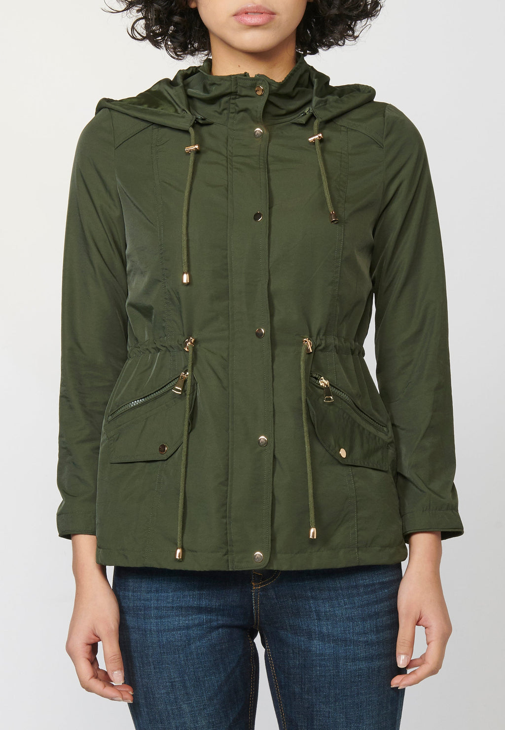 Parka larga mujer marino con capucha desmontable y cintura cordón ajustable