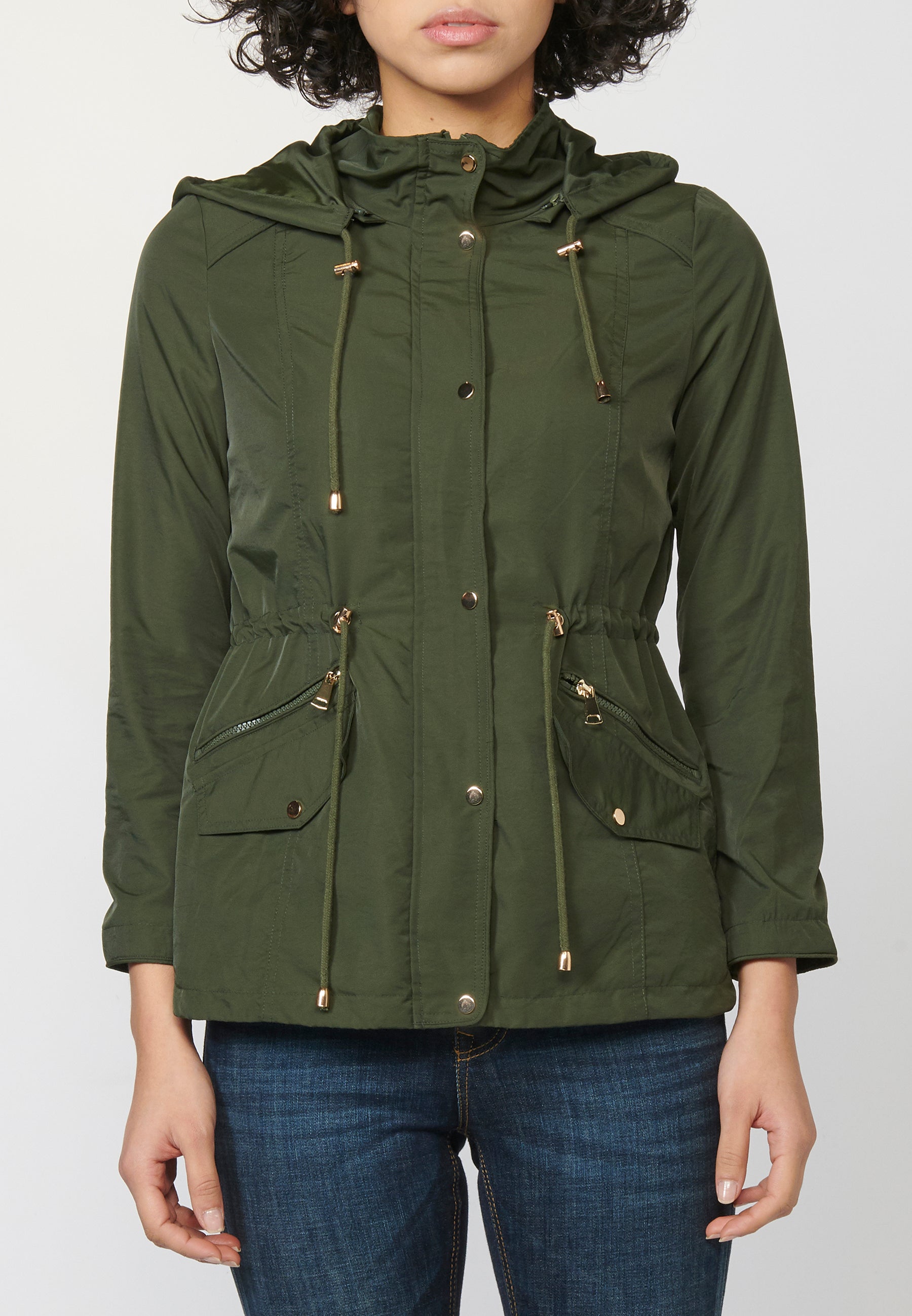 Parka larga mujer marino con capucha desmontable y cintura cordón ajustable