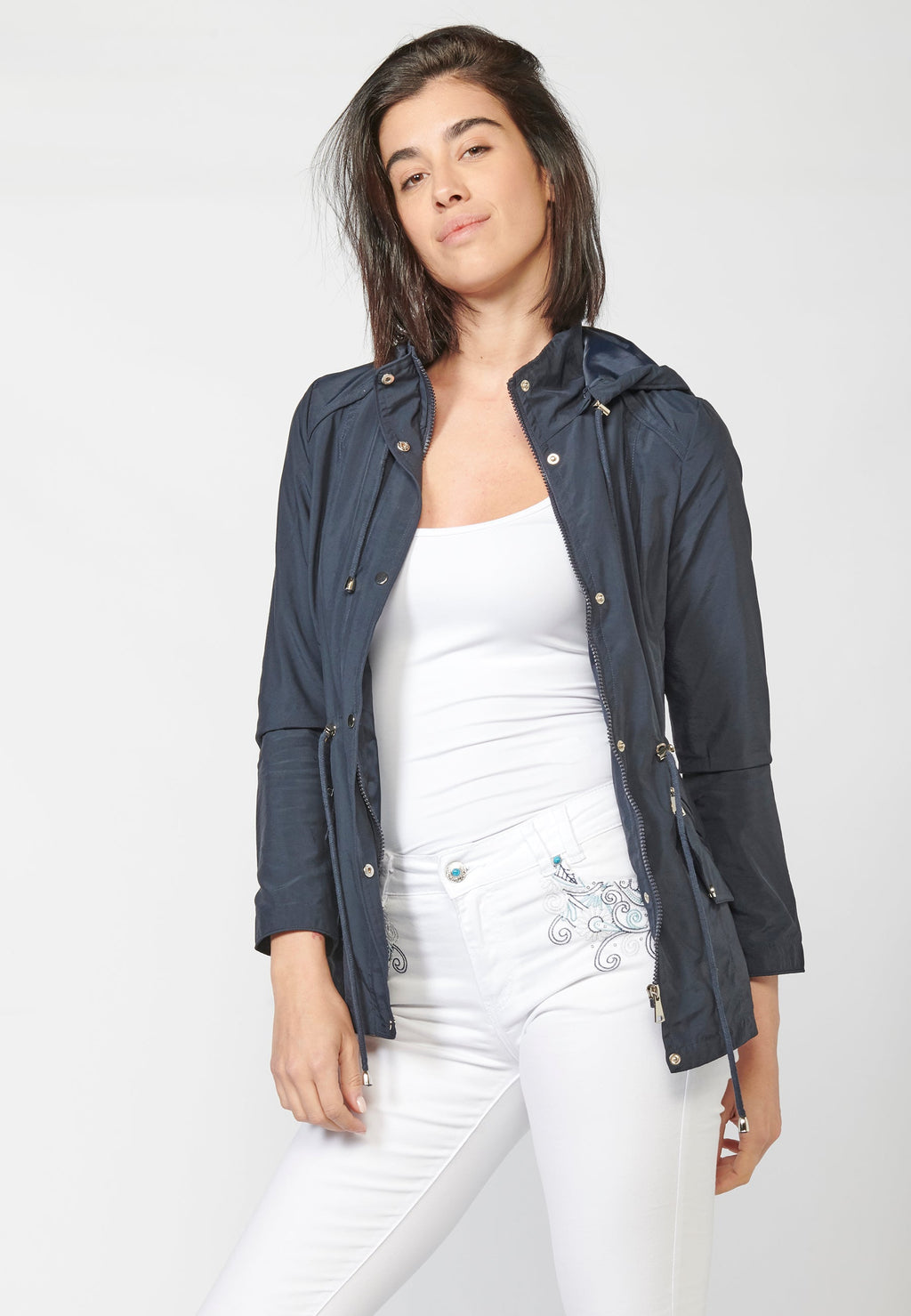Parka larga mujer marino con capucha desmontable y cintura cordón ajustable