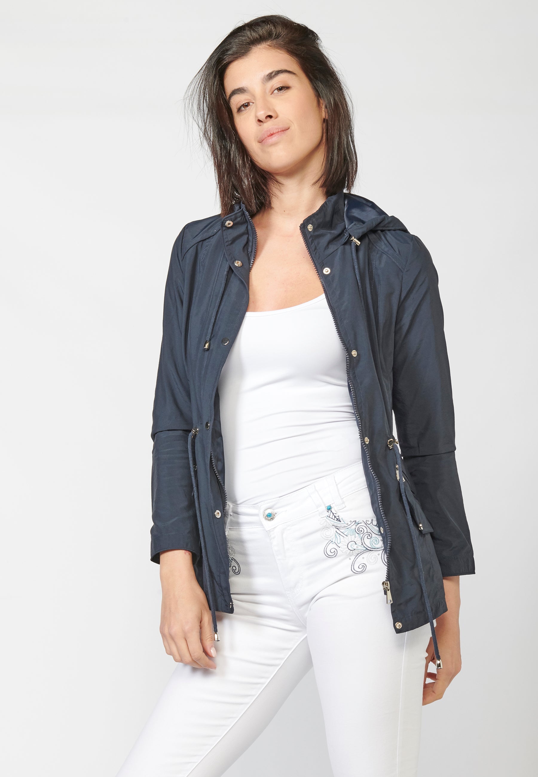 Parka larga mujer marino con capucha desmontable y cintura cordón ajustable