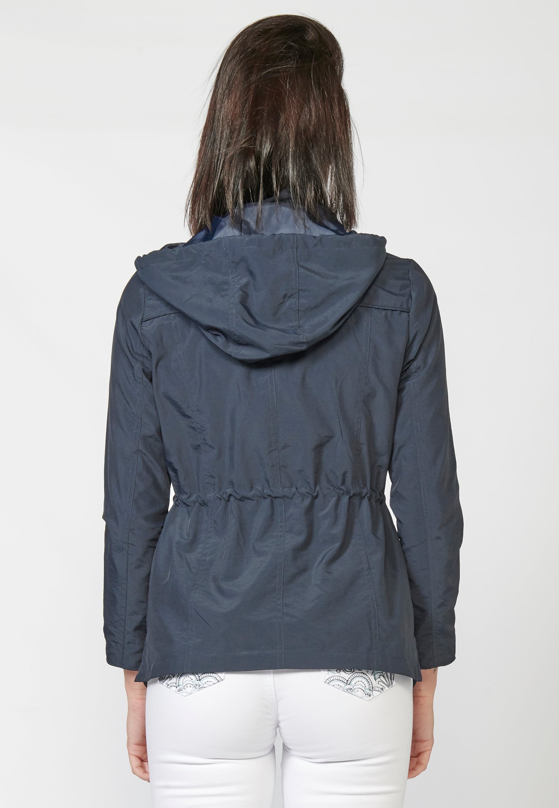 Parka larga mujer marino con capucha desmontable y cintura cordón ajustable