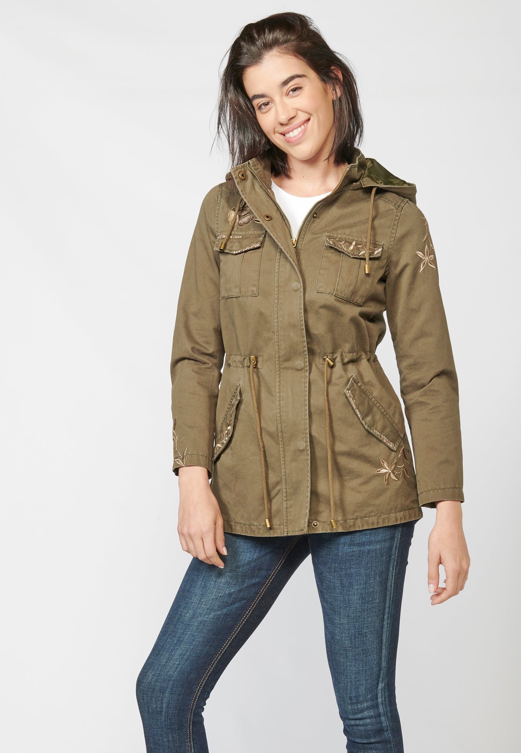 Parka larga mujer de algodón desagastado con borado floral y capucha desmontable