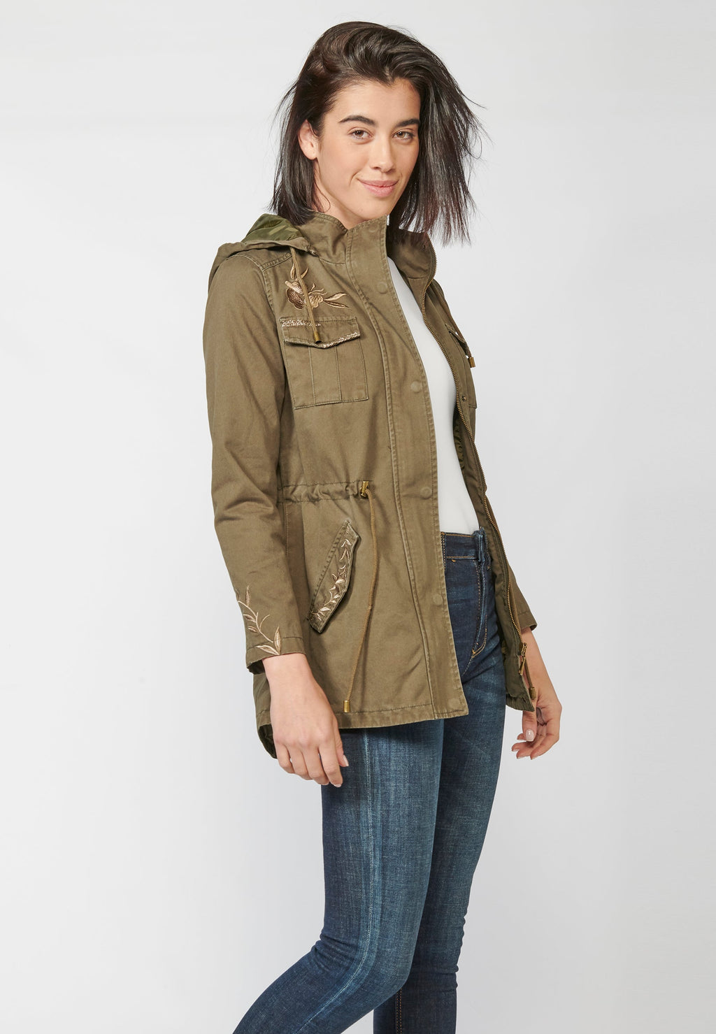 Parka larga mujer de algodón desagastado con borado floral y capucha desmontable