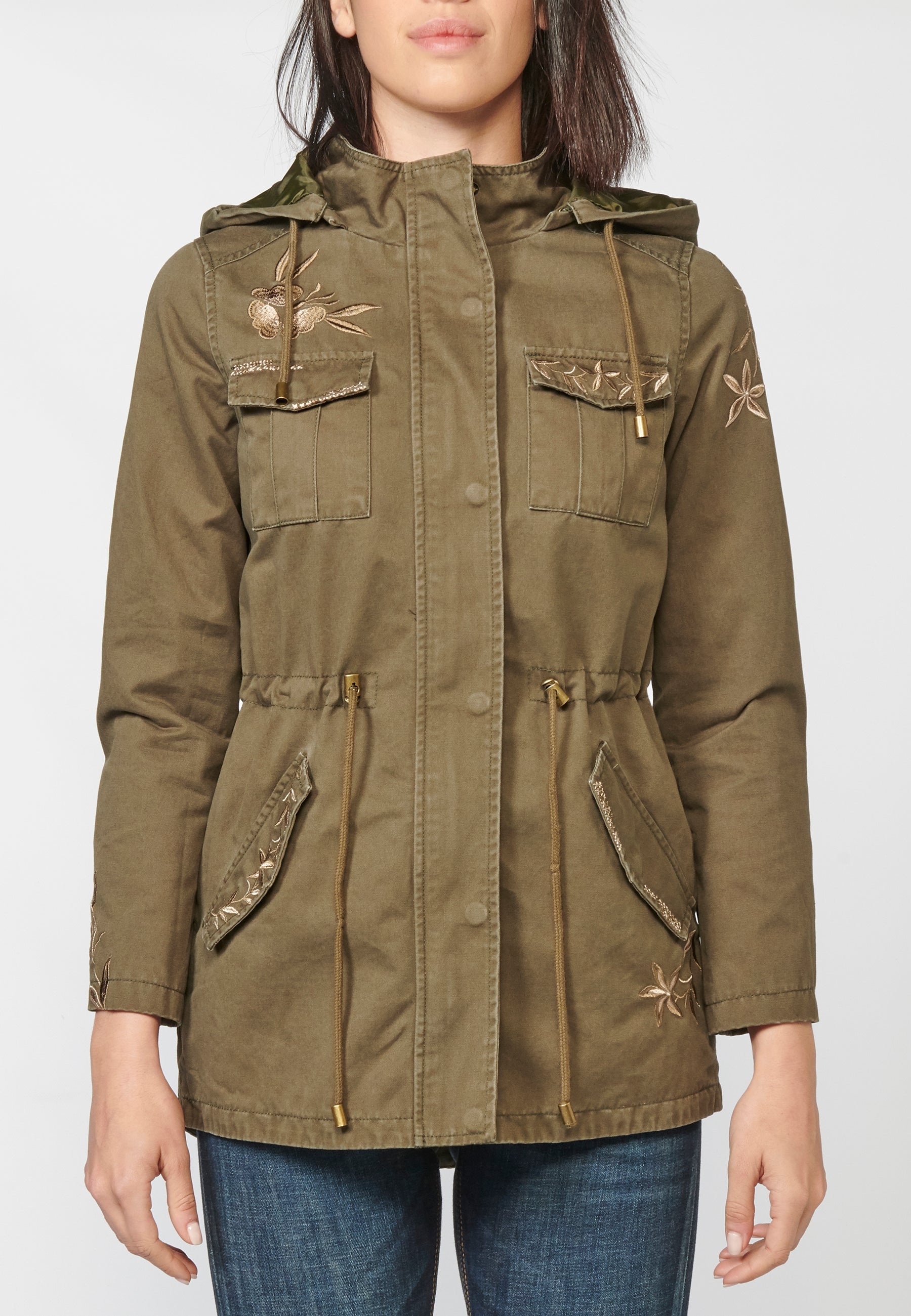 Parka larga mujer de algodón desagastado con borado floral y capucha desmontable