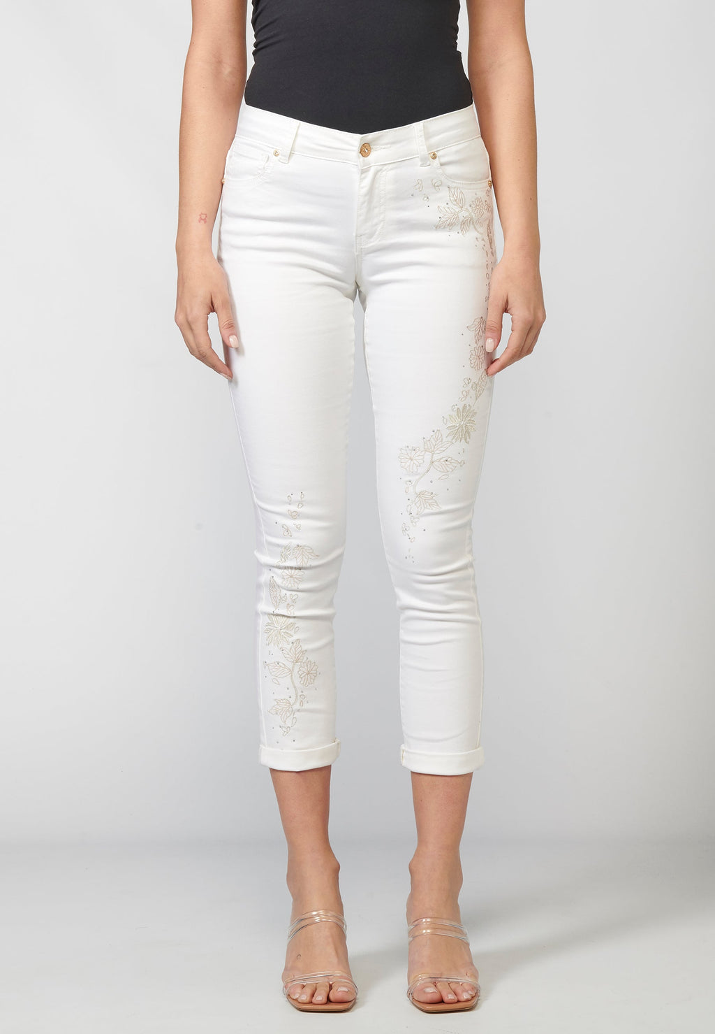Pantalón de mujer slim fit elástico bordado floral y sarga elástica | estilo versátil