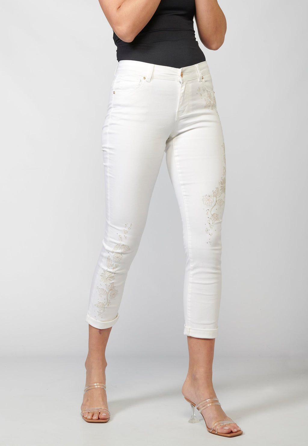 Pantalón de mujer slim fit elástico bordado floral y sarga elástica | estilo versátil