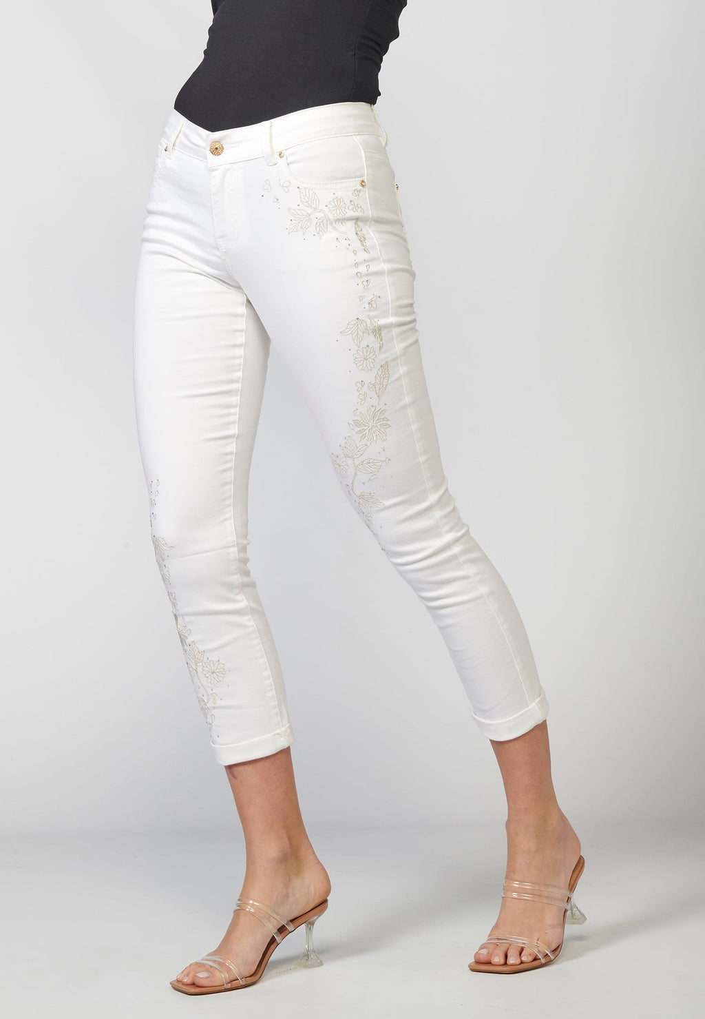 Pantalón de mujer slim fit elástico bordado floral y sarga elástica | estilo versátil